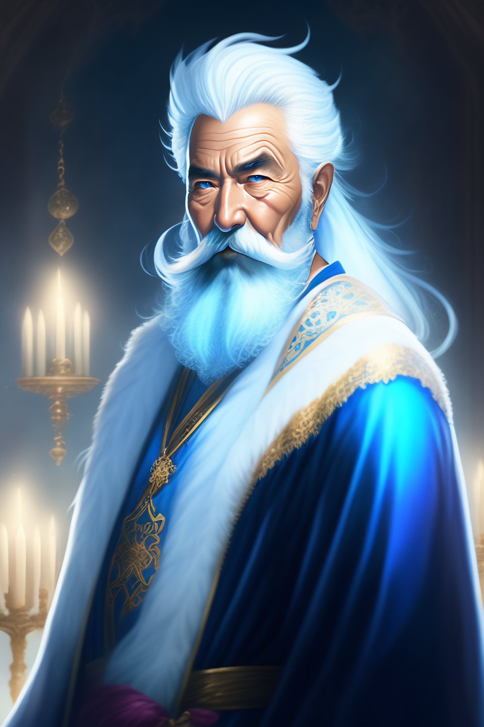 Lexica - Old magician, in a blue and white robe, white hair and beard ...