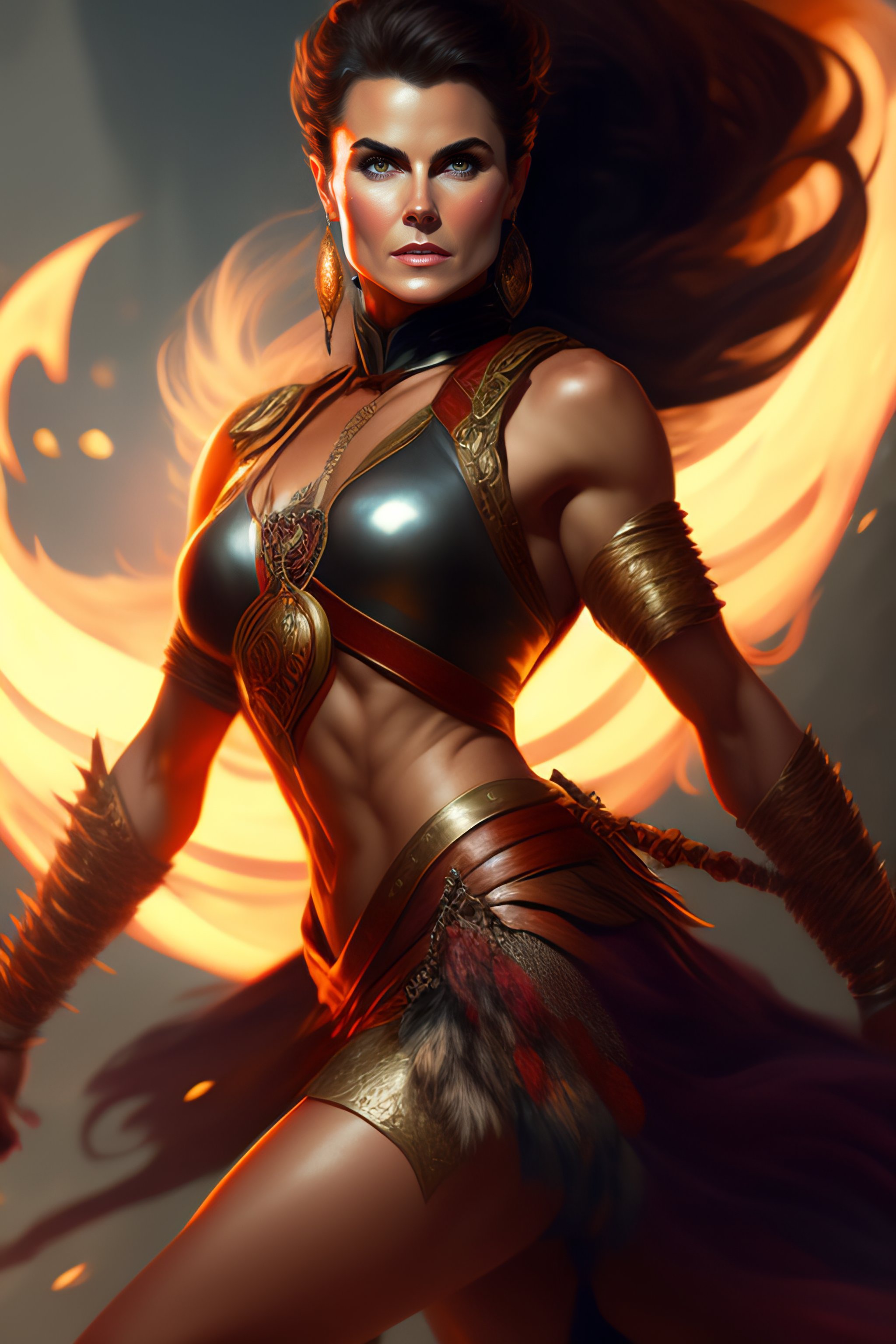 Lexica - Full body potrait of thin muscular Keri Russell as rugged warrior  sparying sword(flame) in air ,muscular legs and six abs,highly detailed,  d...