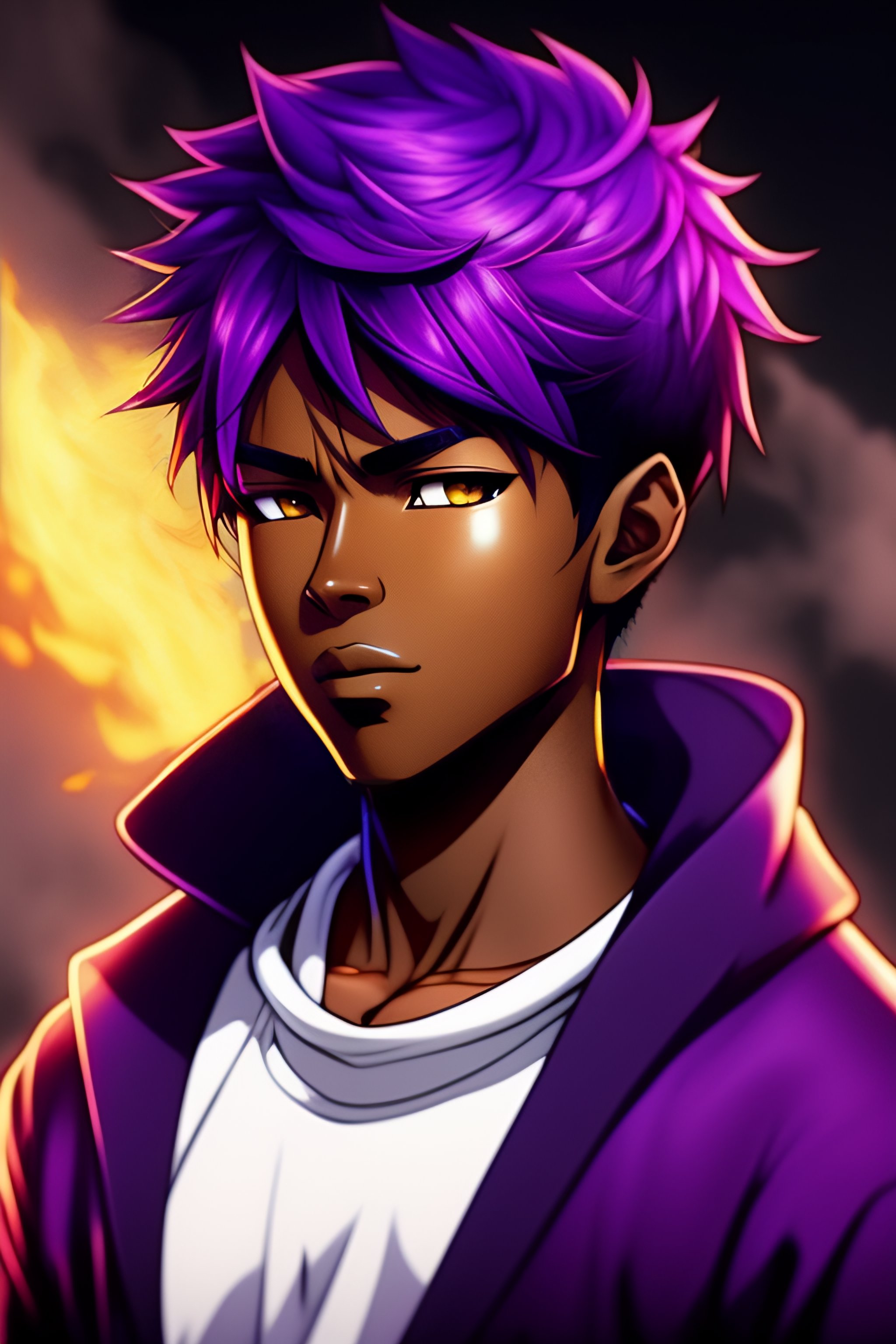 Lexica - Purple hair anime brown guy, dark skin, brown face, hoodie ...