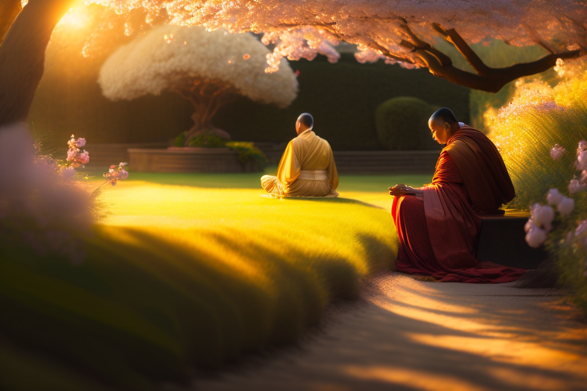 Lexica - A serene garden bathed in golden sunlight, with a woman ...