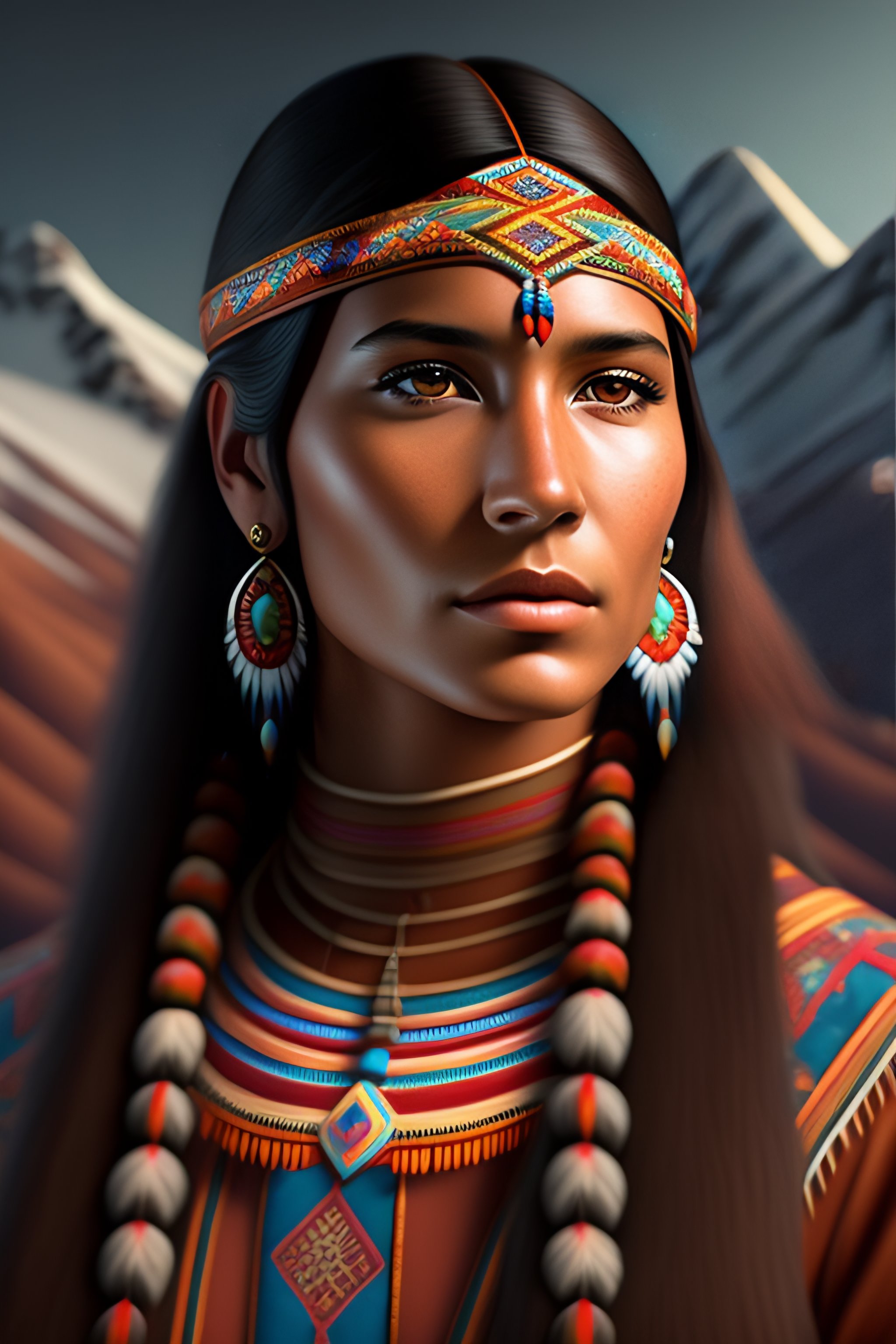 Lexica - Native american young woman portrait in 3d digital art with ...