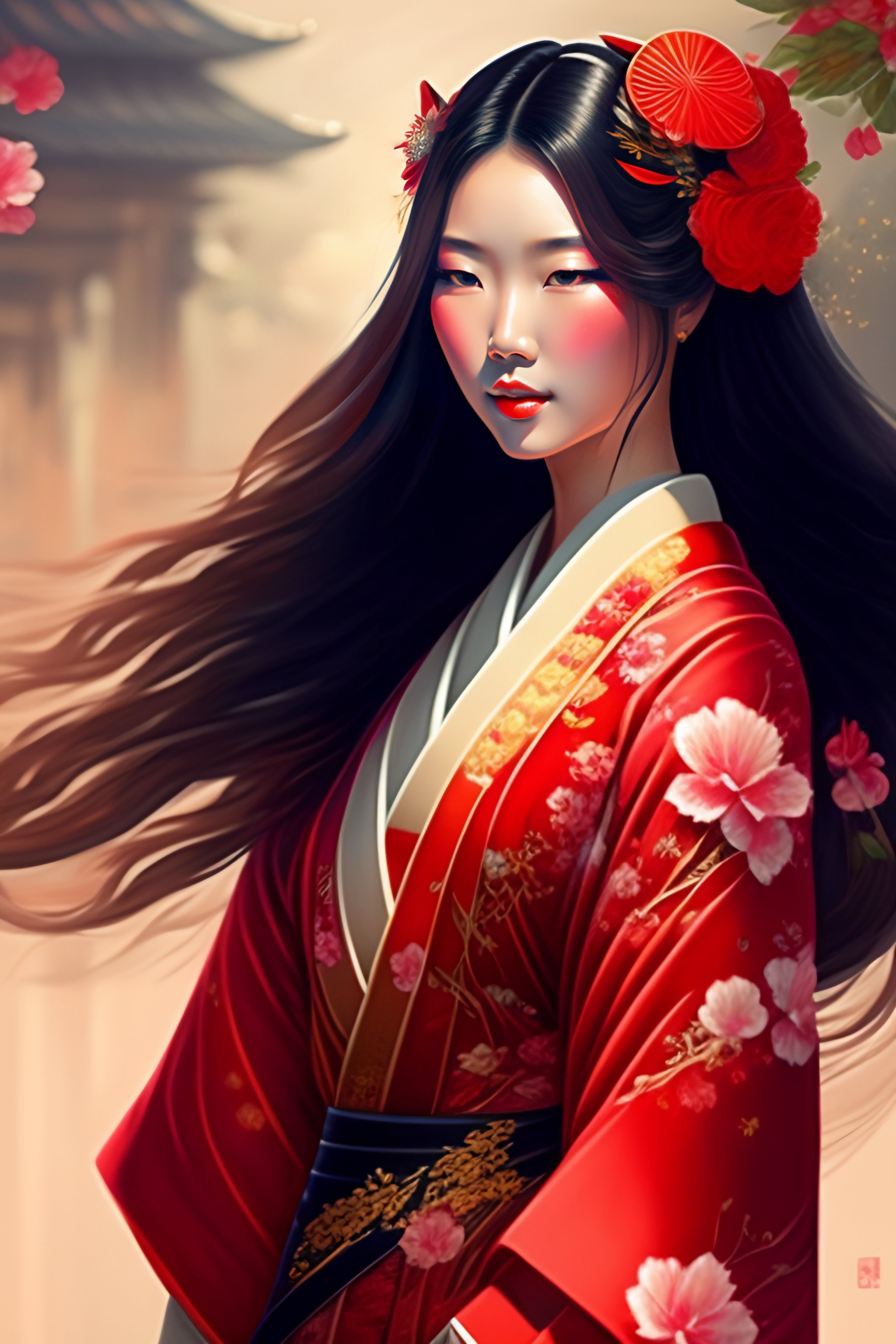 Lexica - Girl with red kimono geisha long hair intricate, elegant ...