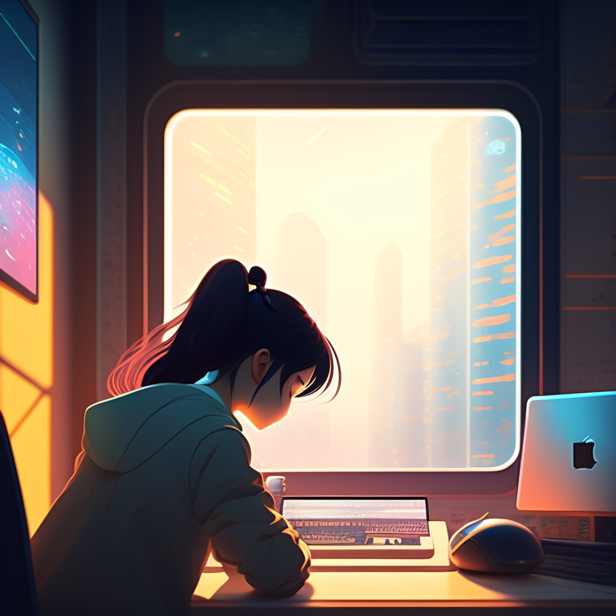 Lexica - A girl working on a computer in a small room with a big window ...