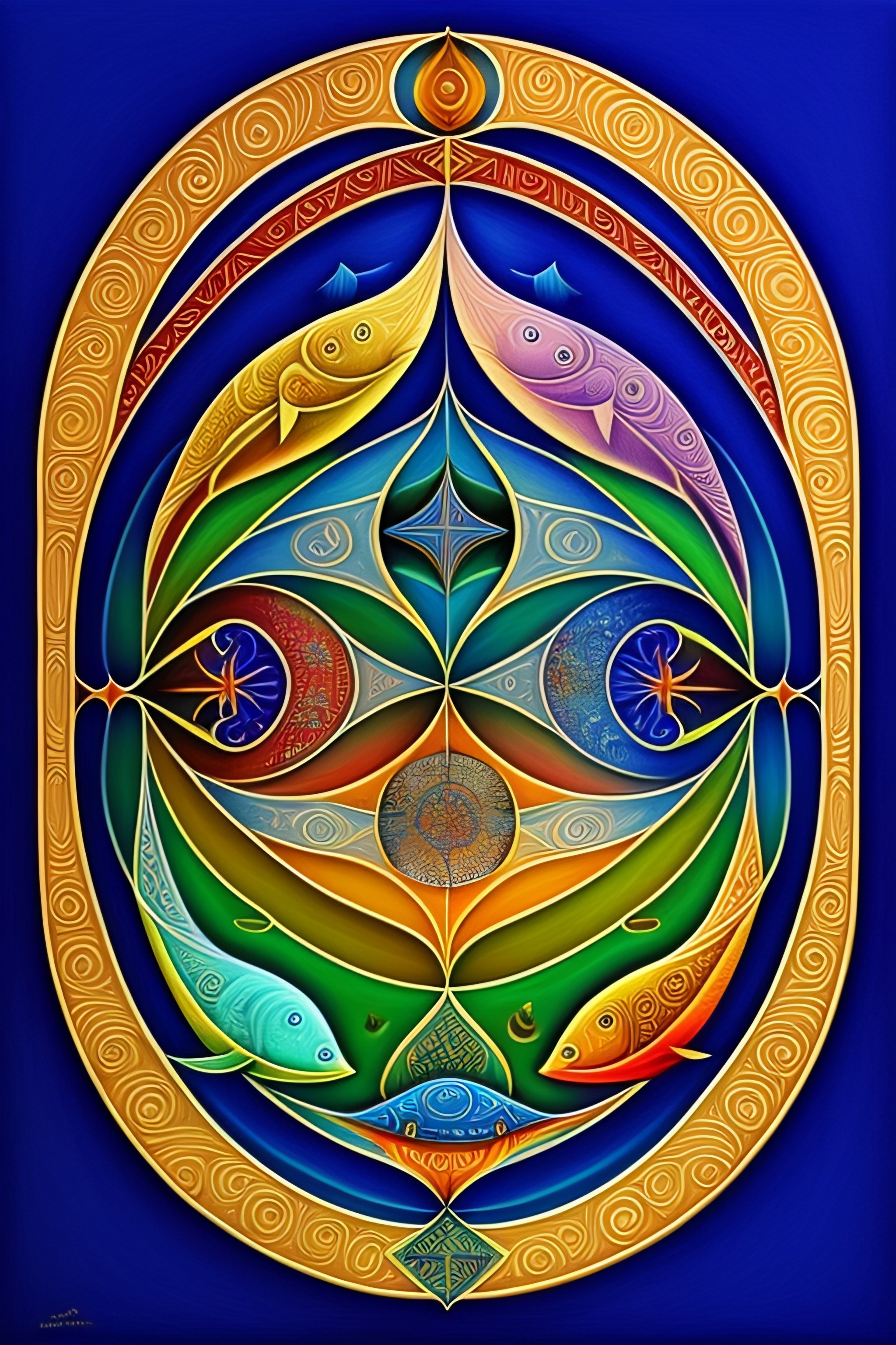 Lexica - Sacred geometry, fishes, birds, chalk style, m.c. esher art style