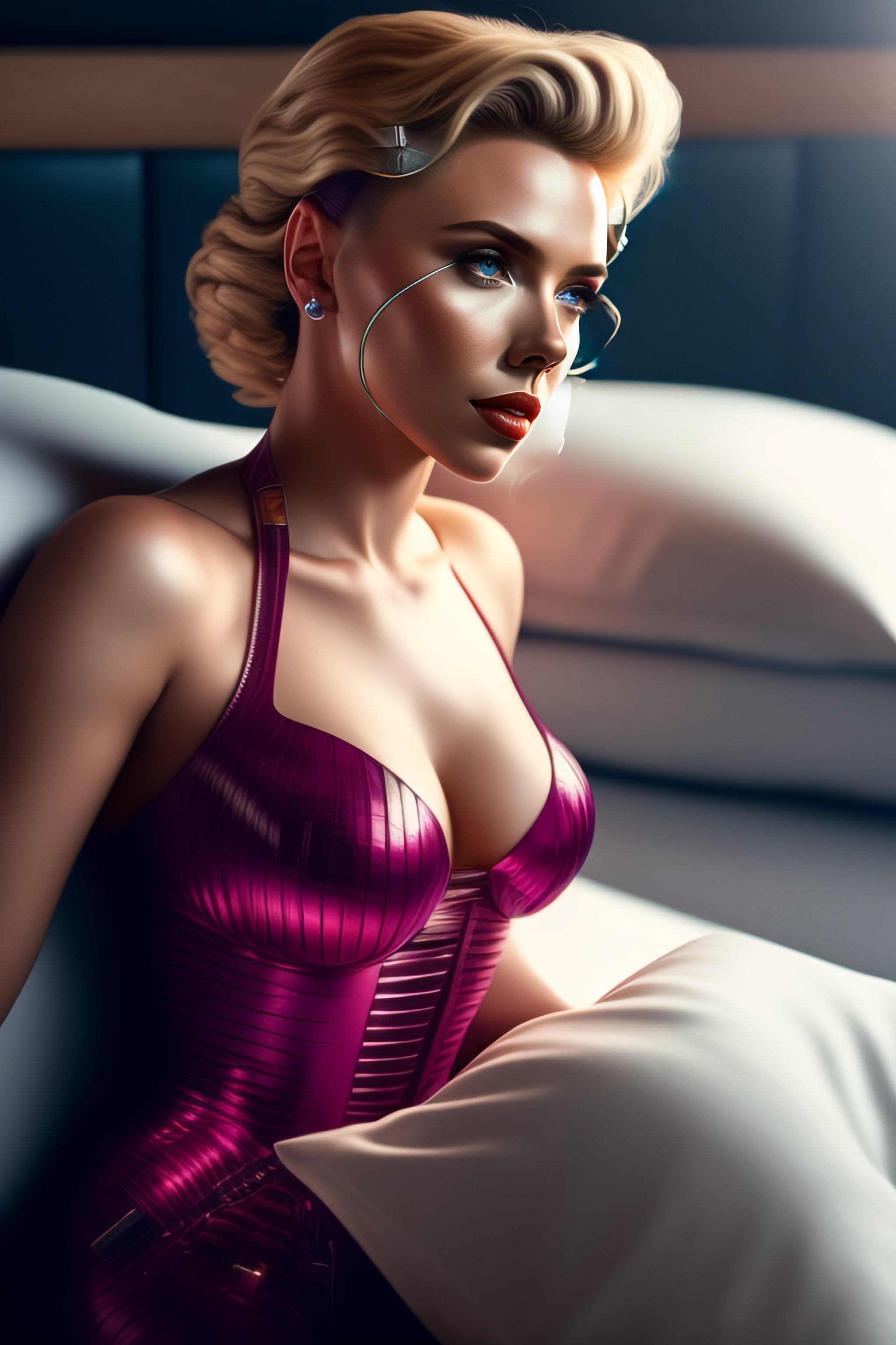 Lexica Scarlett Johansson Lying Bed One Arm Robotic Cables Plugin Her Cyberpunk Human