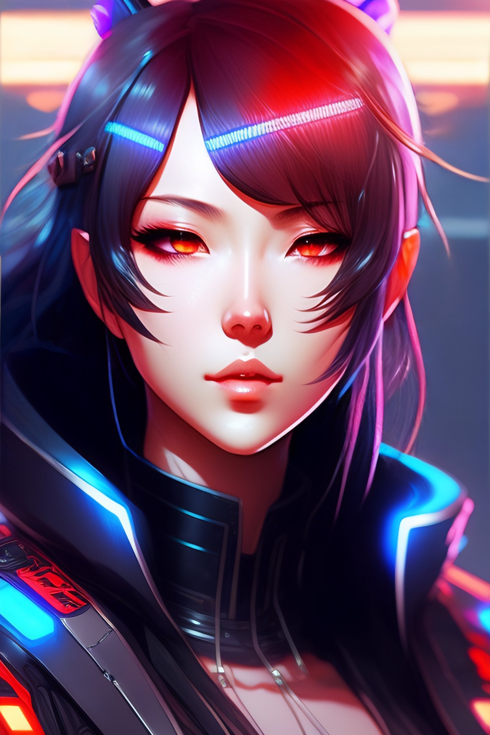 Lexica - Digital cyberpunk anime character concept art, gorgeous anime girl  symmetrical face, small female android cyborg - angel, glowing red left e
