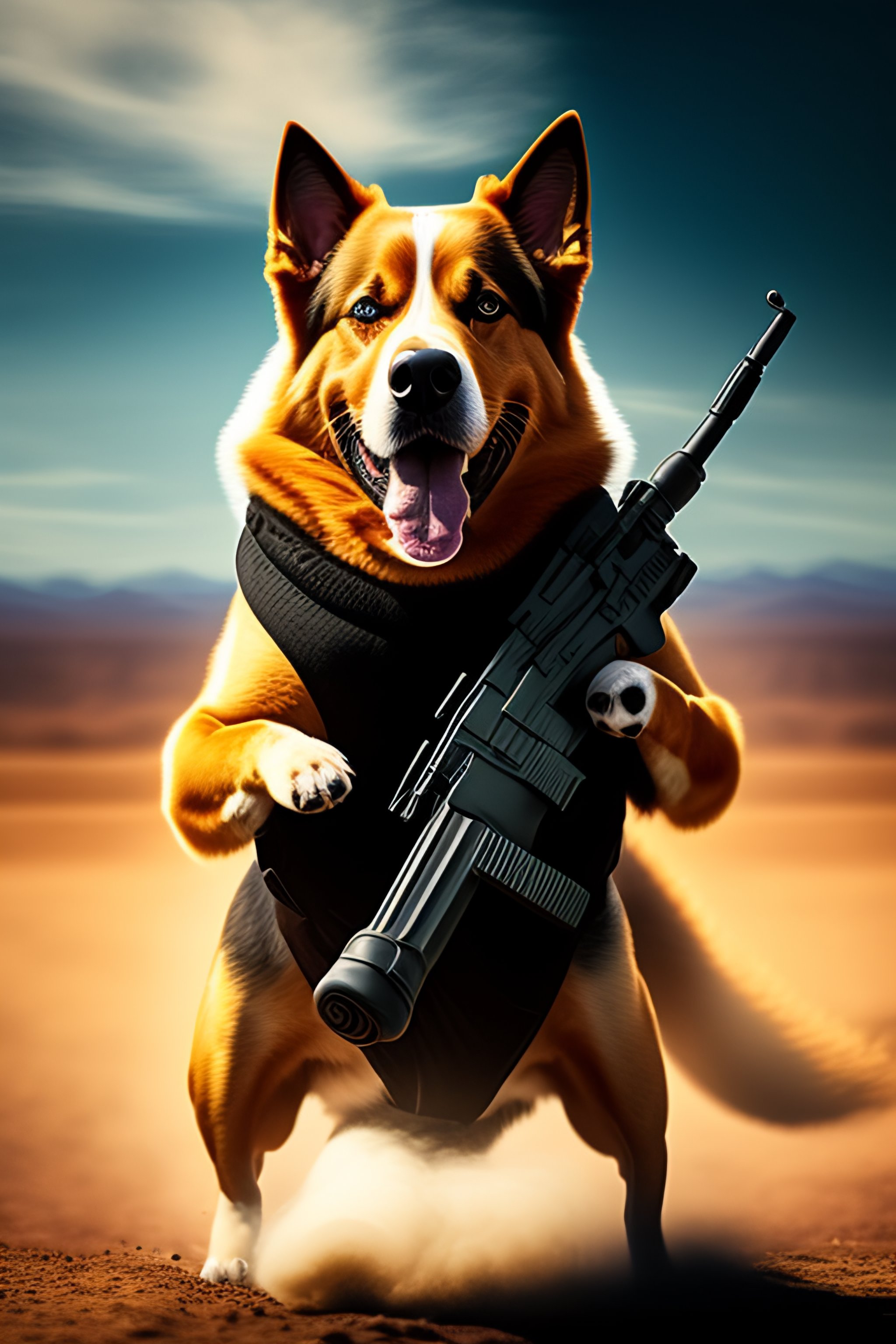 Dog holding a store gun