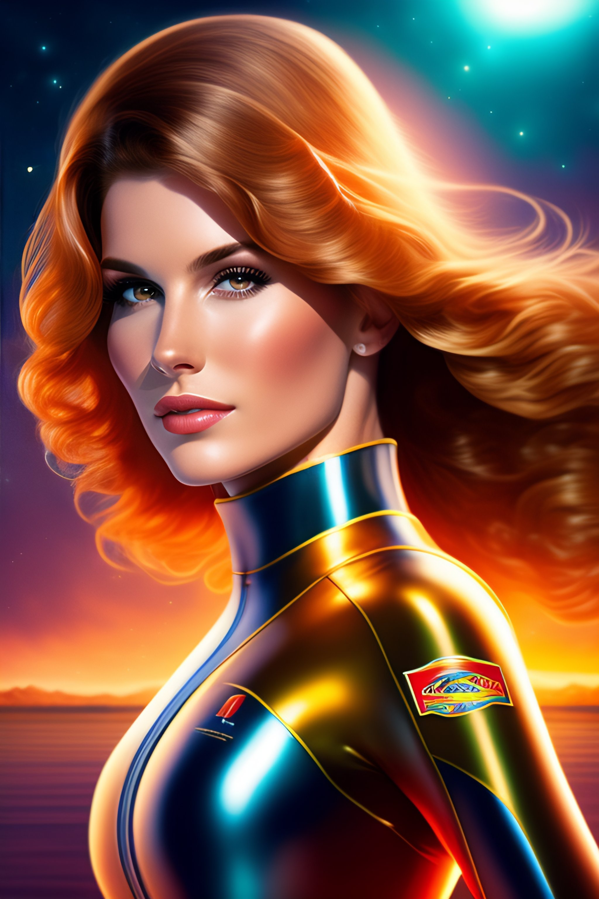 Lexica - A young woman with light brown hair in front of a shiny ...