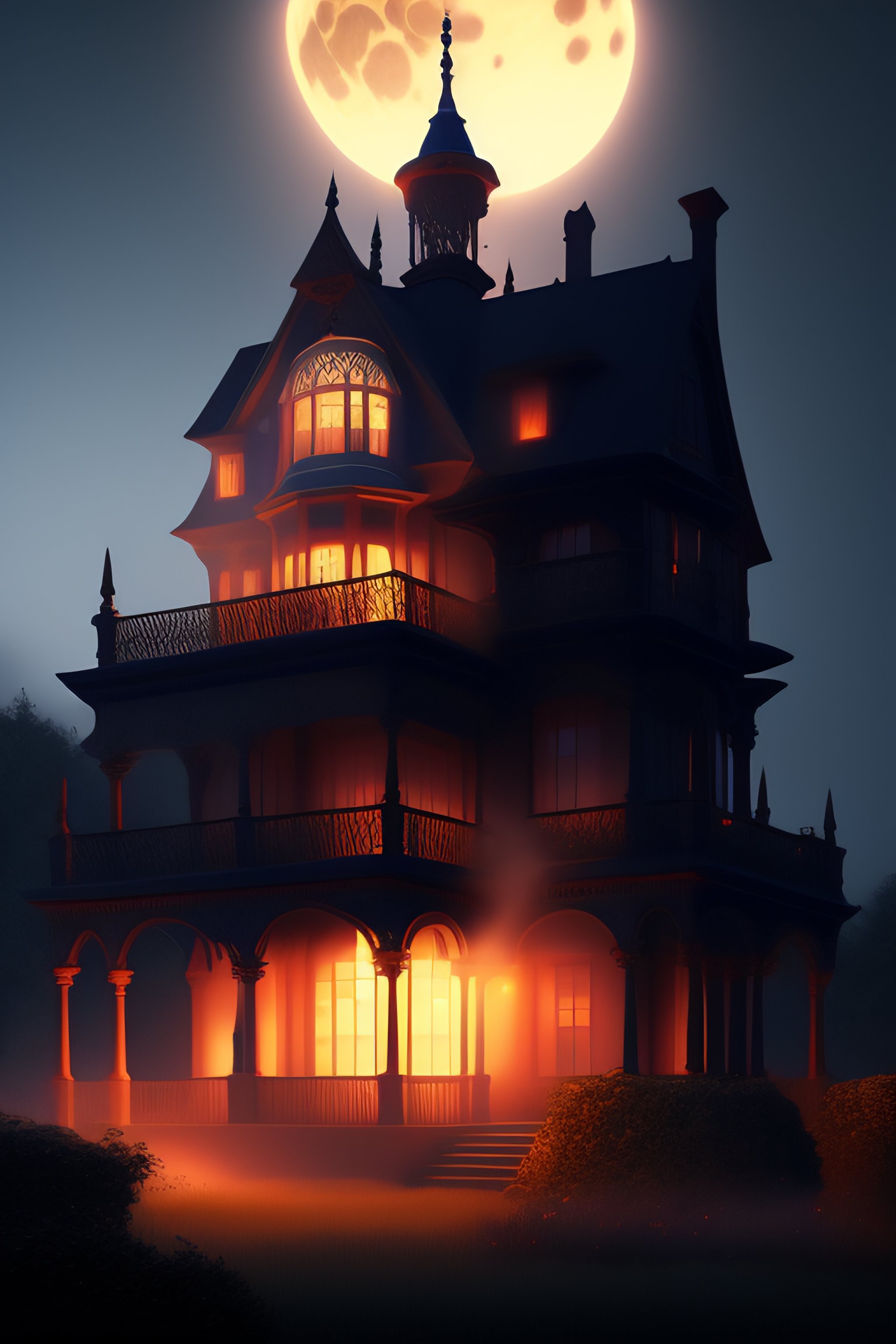 Lexica - A Victorian mansion burning at the top of a hill, silhouetted ...