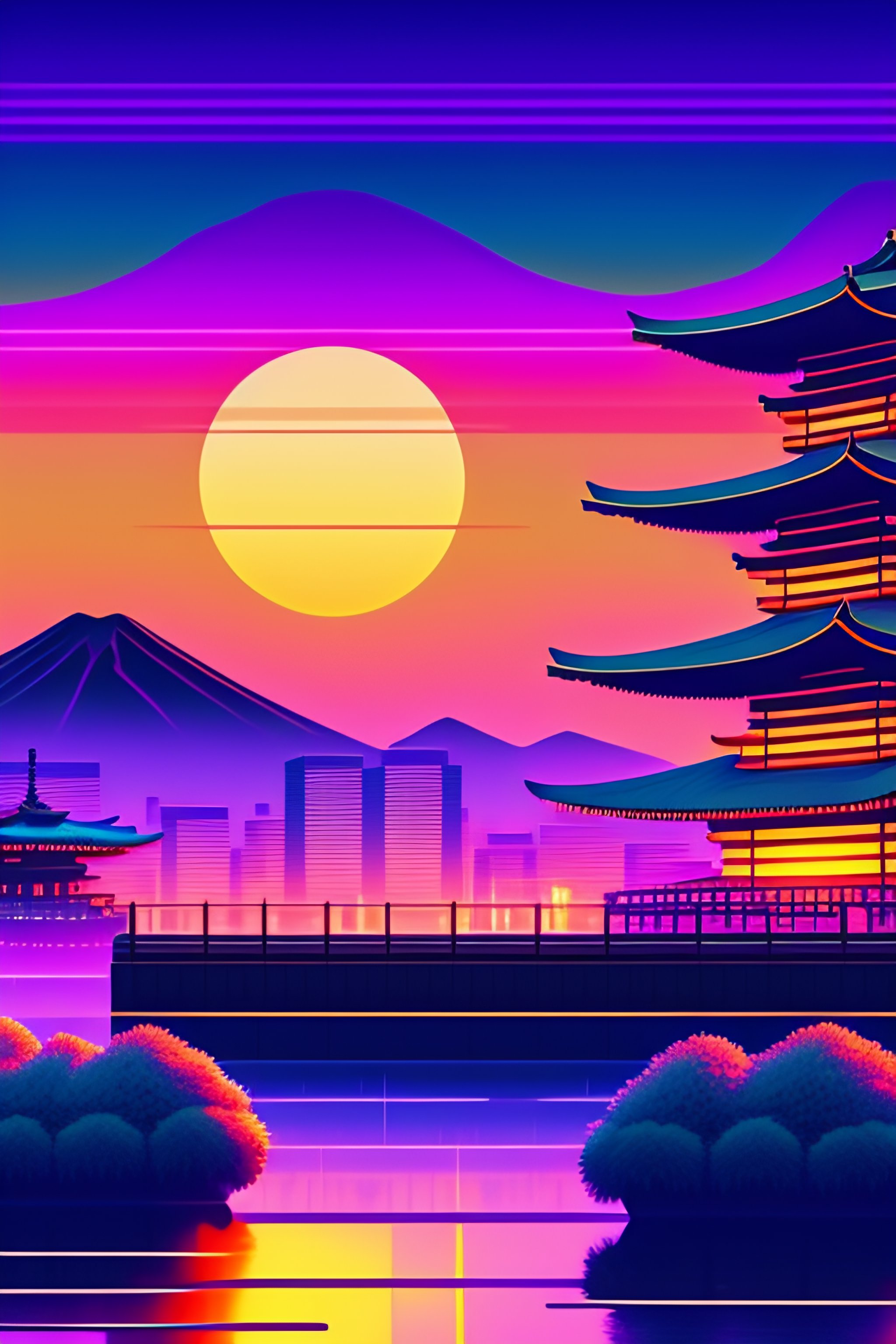 Lexica - Synthwave japanese town with moon background, sharp focus, 8 k ...