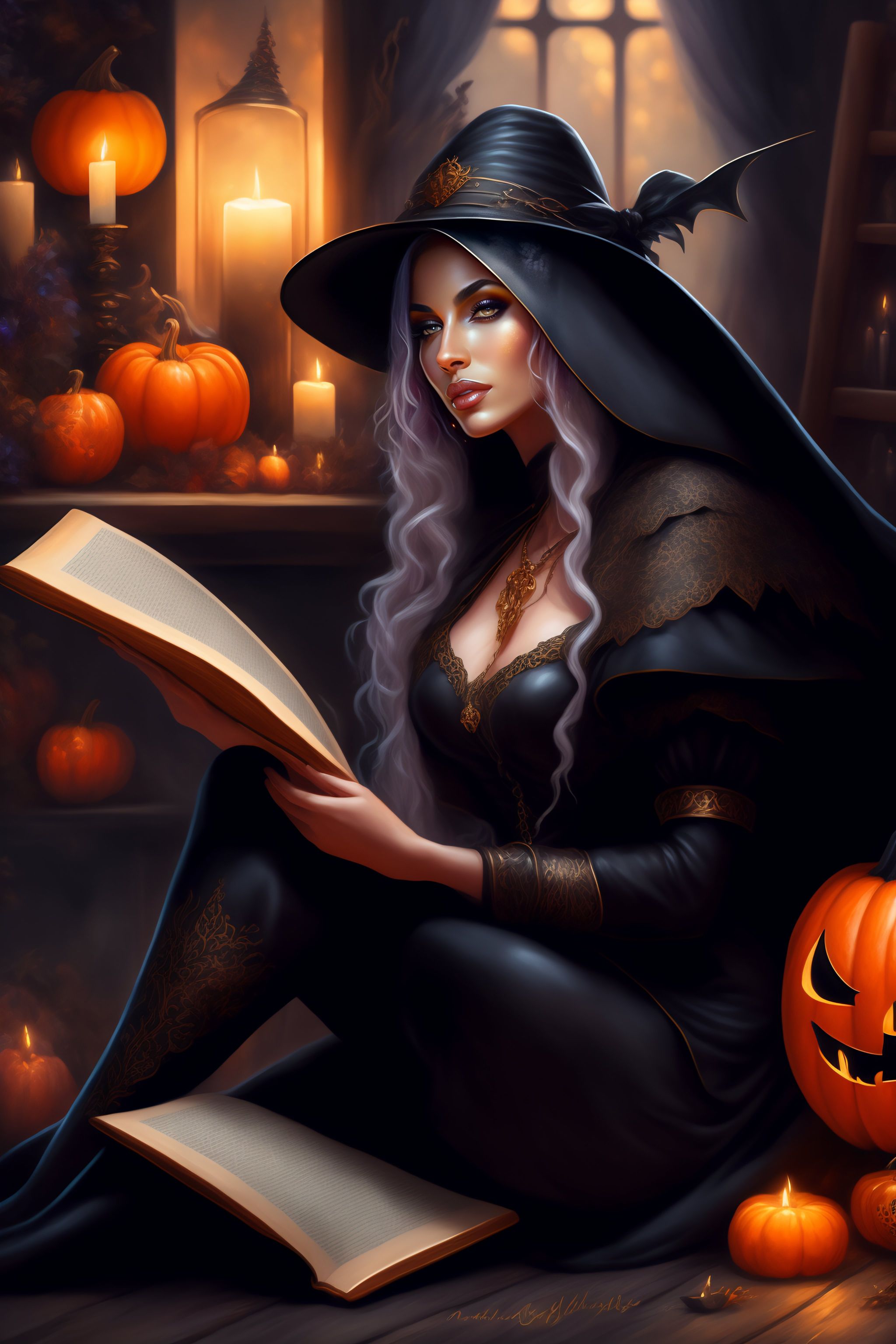 Lexica A Beautiful Witch Sitting On The Floor Reading A Book Fantasy Art Black Witch Hat 