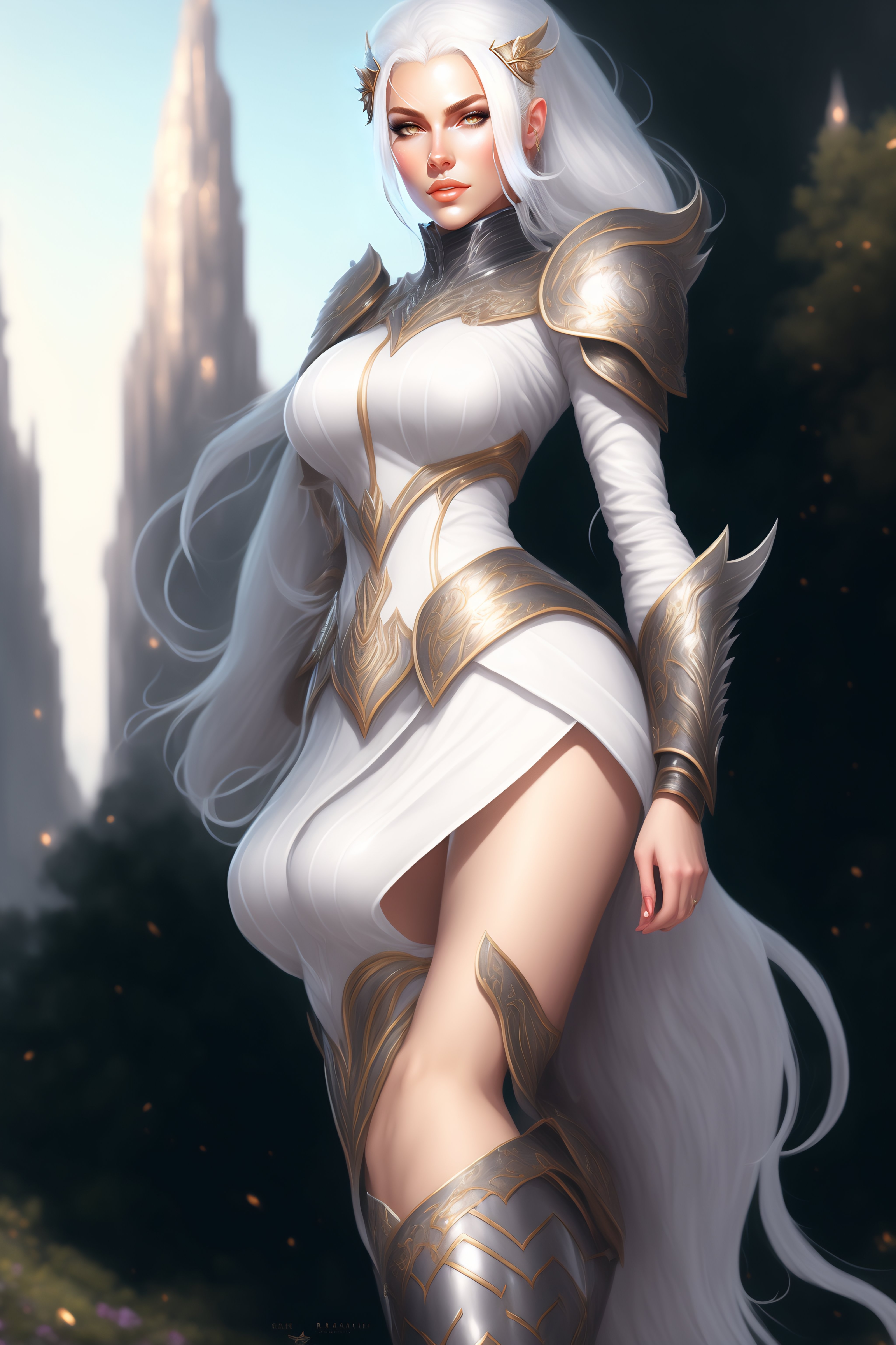 Lexica - Beautiful Female White Hair, Full Length Body, Black Armor 