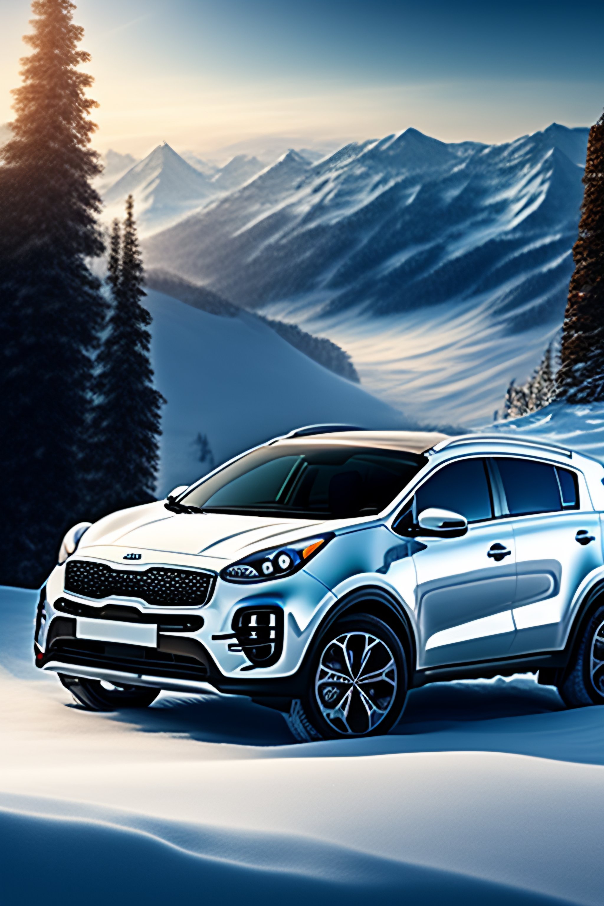 Lexica Kia sportage on mountain, snow, dreamy, shine