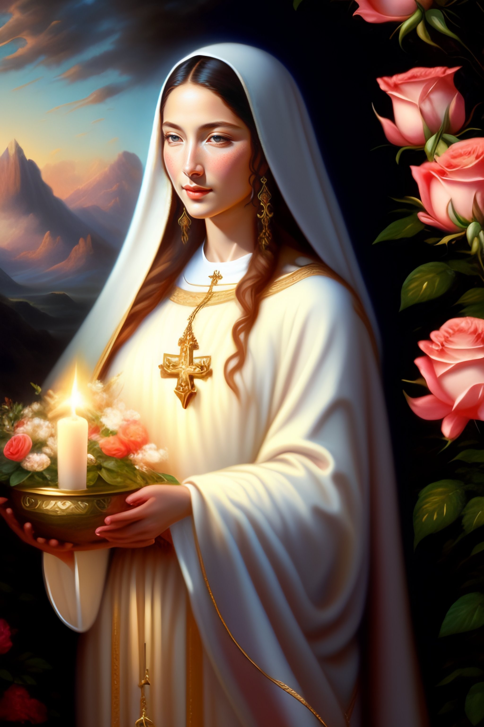 Lexica - An oil painting by ross tran and thomas kincade, virgin mary ...