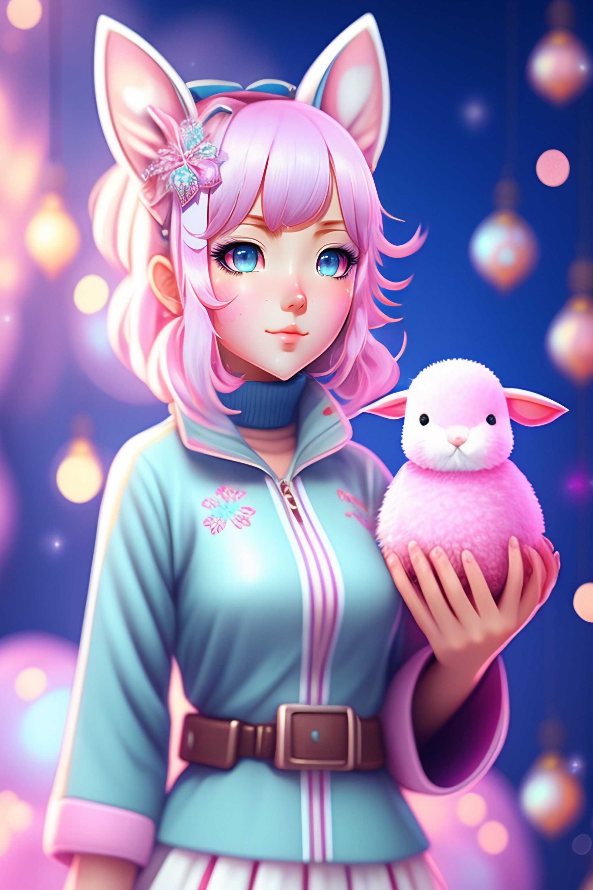 Lexica - Anime,wallpaper like pencil drawing, digital art of cute kawaii  girl with bunny ears, light blue hair,bob,pink eyes,holding a  Omikuji,backgr