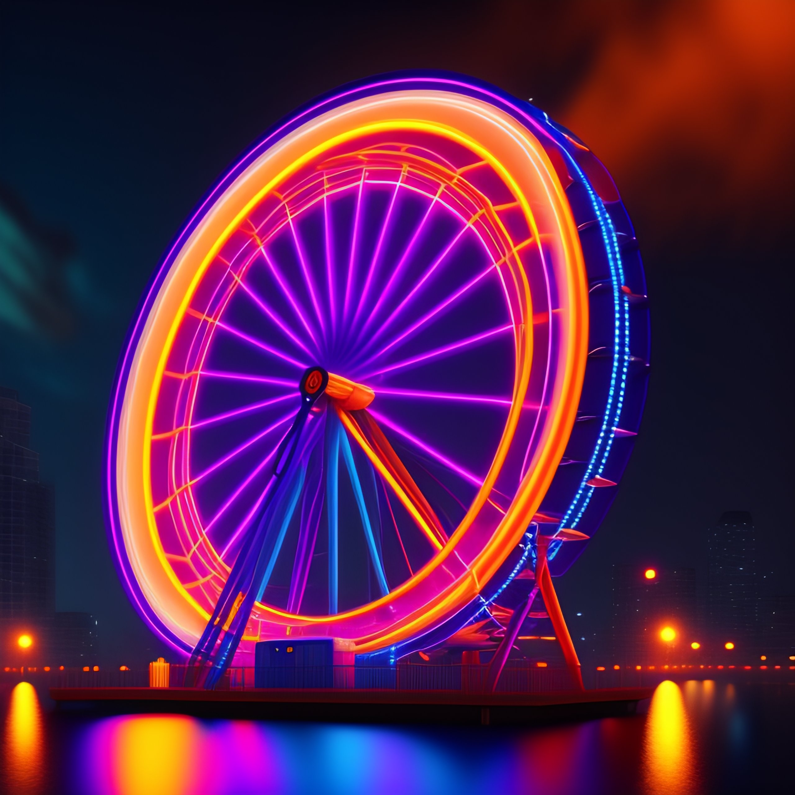 Lexica - 3d render of a Ferris wheel neon lights at night rainy street ...