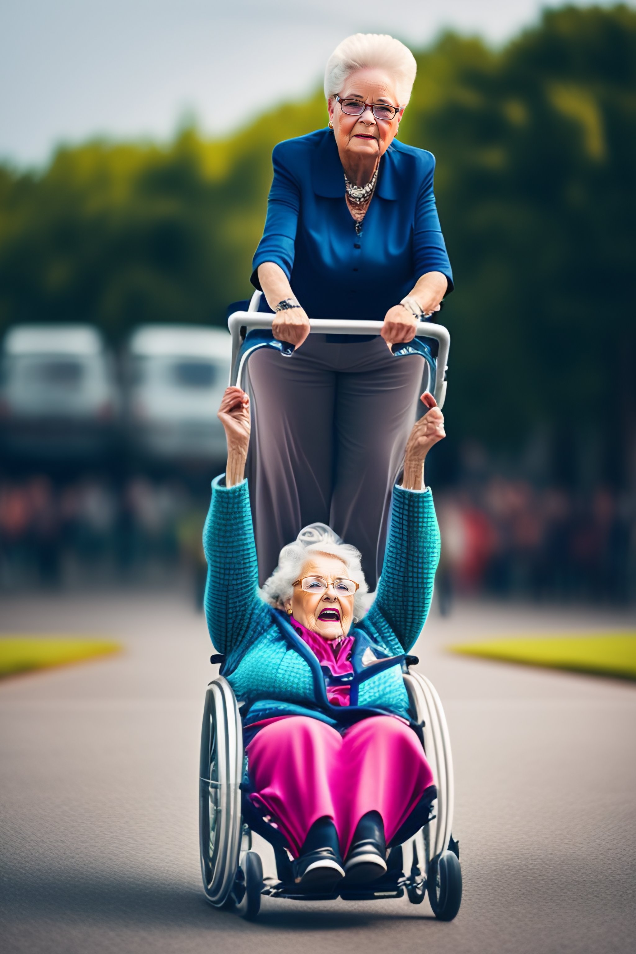 Lexica A old woman in a wheelchair doing a backflip
