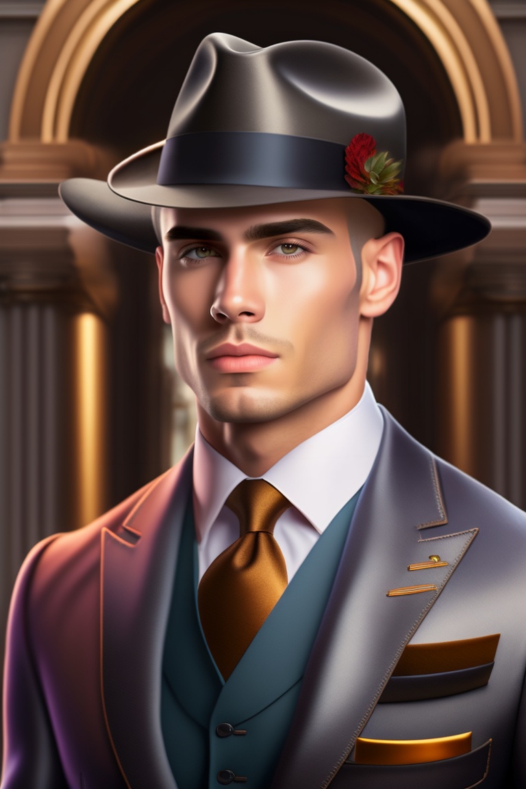 Lexica - A man with suit and a hat with luxury background, hyperrealism ...