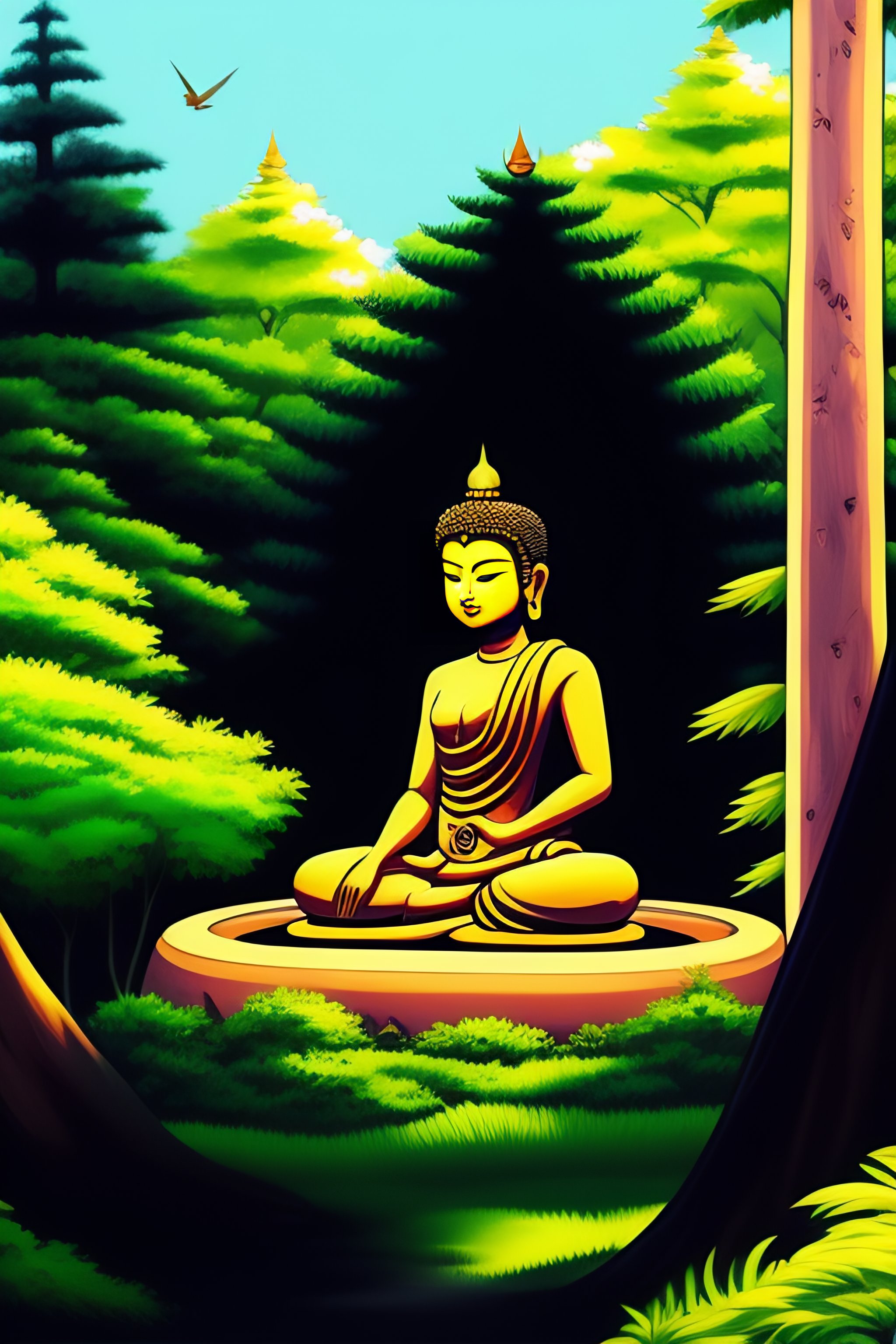 Lexica - Buddha sitting in a forest, soft light in the background, trees,  plants, birds, black outlines, peaceful, comic style, toon art, anime art,  ...