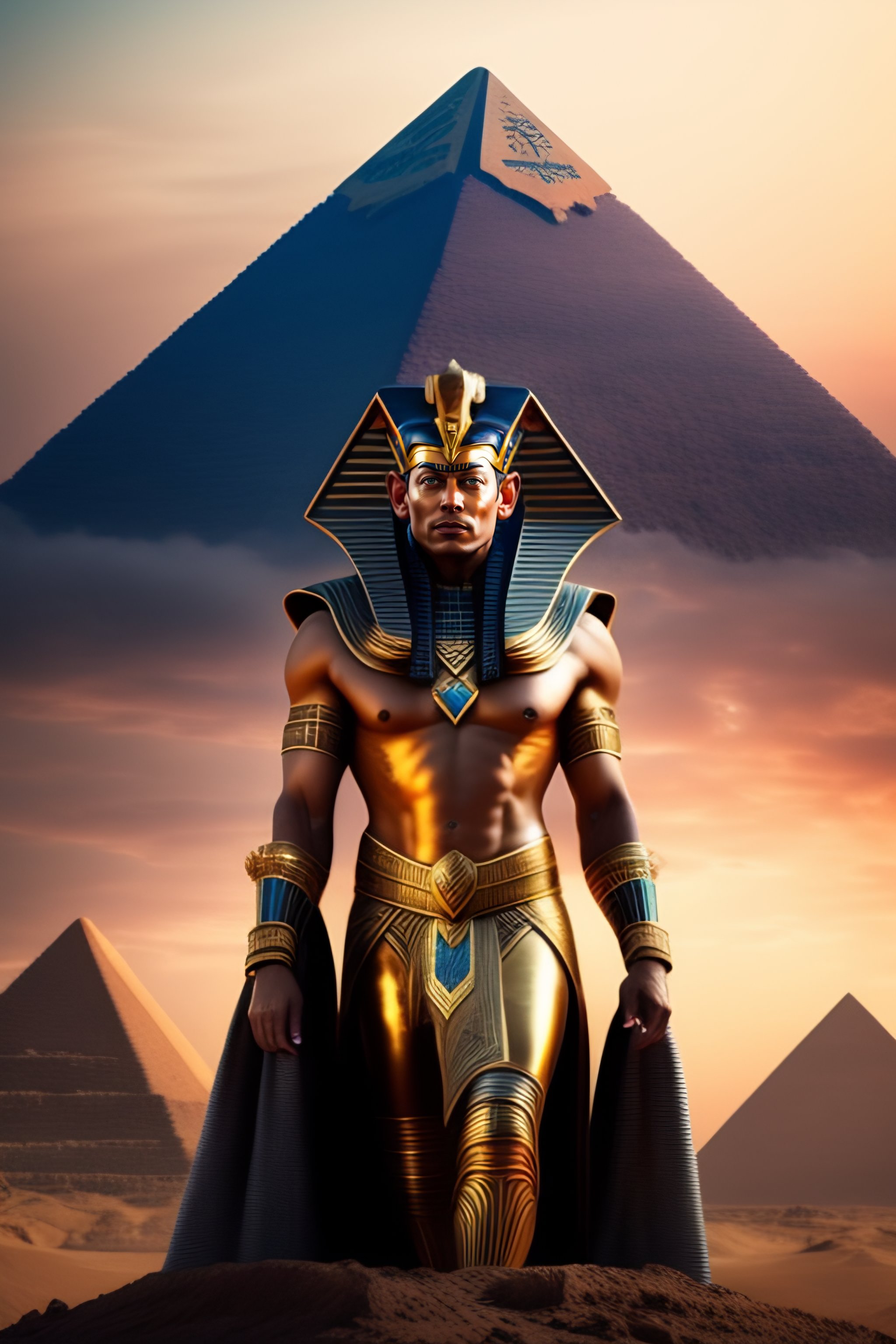 Lexica A wide shot of Elon musk dressed as an Egyptian pharaoh with hands, in a dynamic