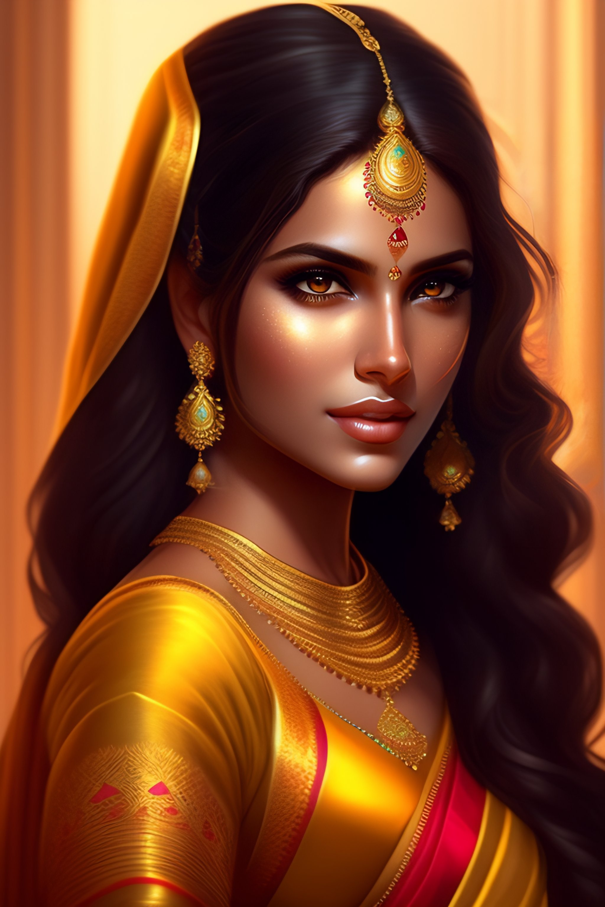 Lexica Beautiful Adorable Indian Princess Youthful Attractive Golden Reflective Saree Dress