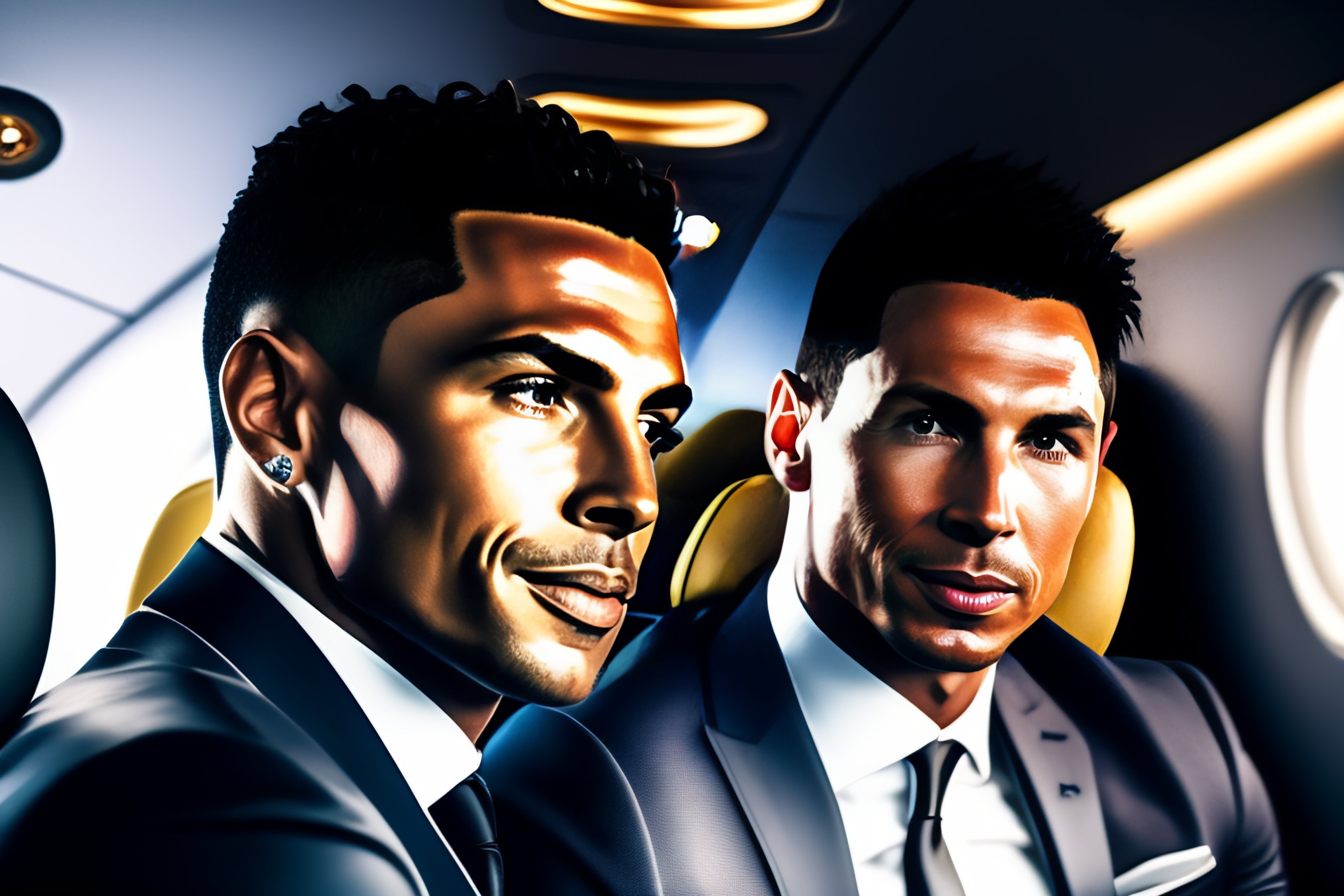 Lexica - 8k realistic shot of c-ronaldo and lionel messi, sitting in a ...
