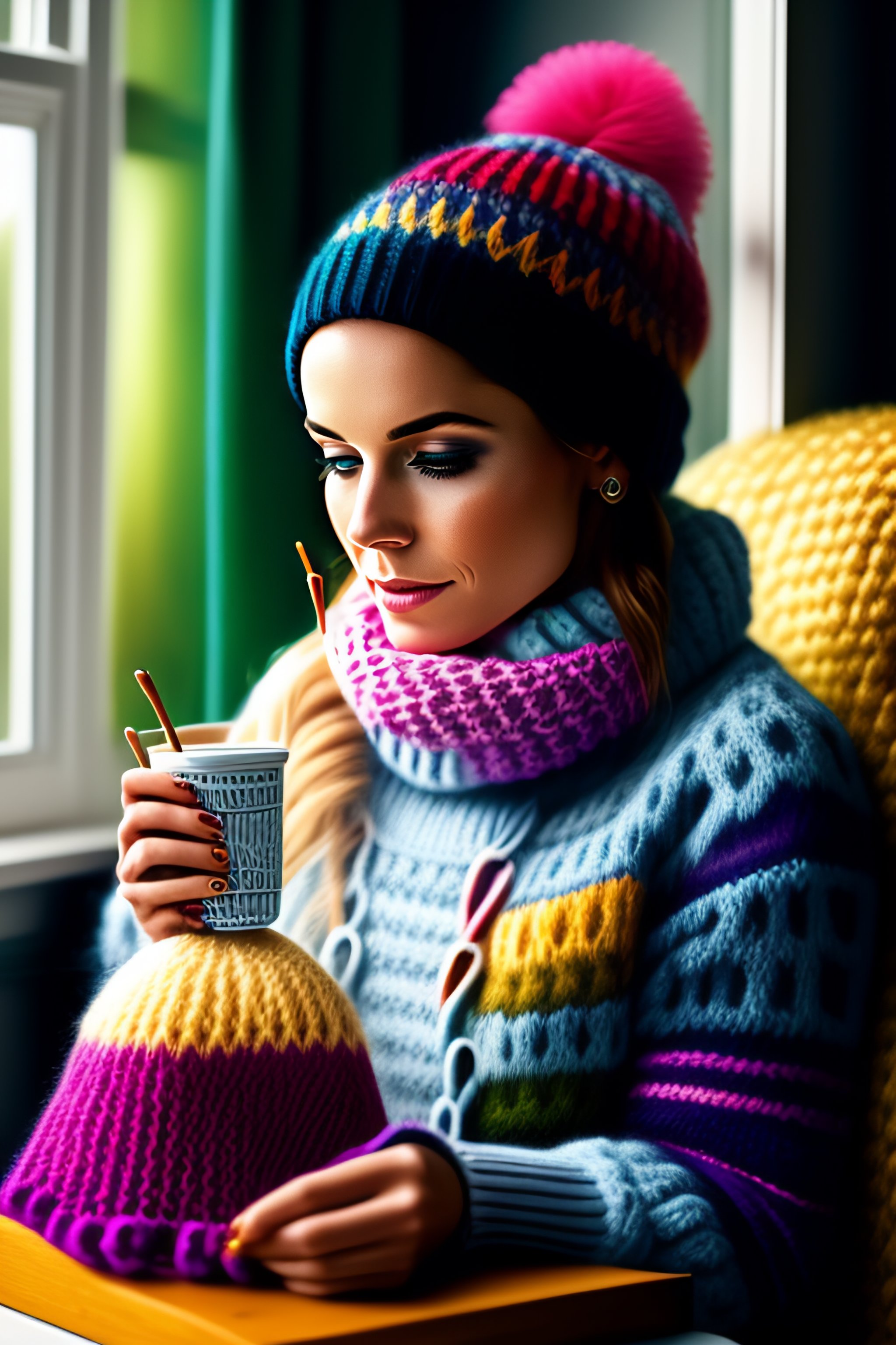 Lexica - Punk rock girl knitting at a cozy cottage