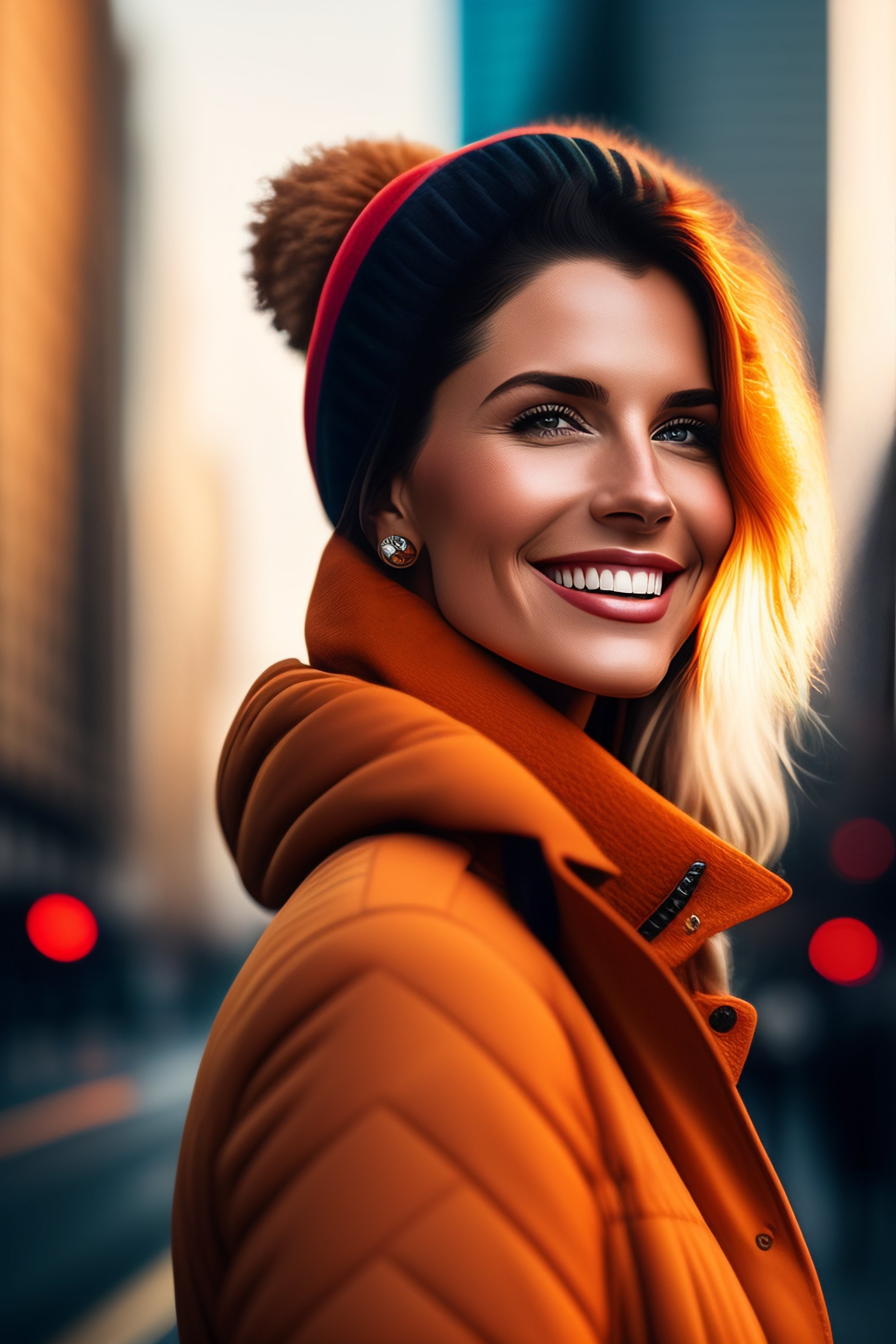 Lexica - Woman looking to the side and smiling in a city