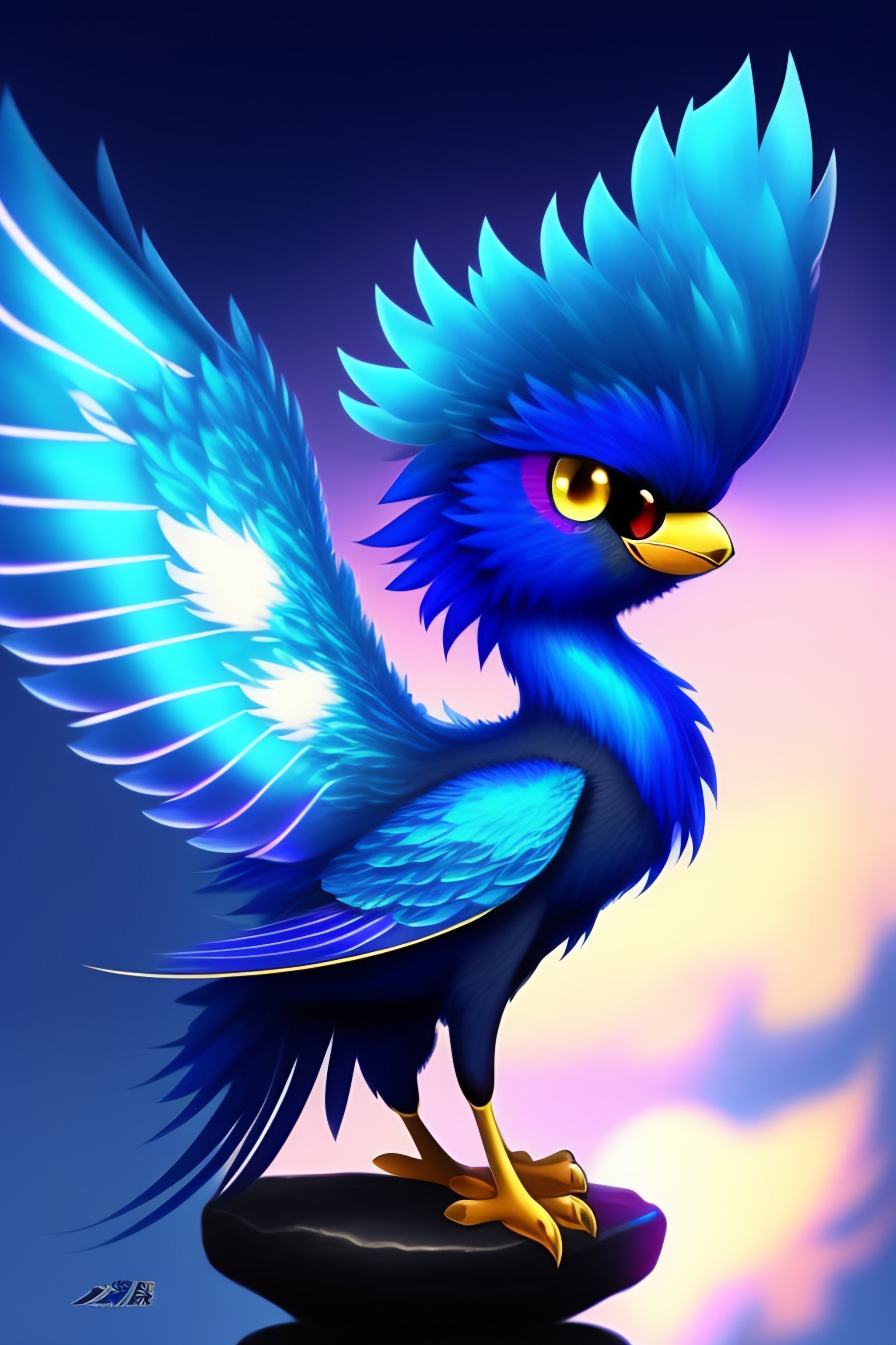 Lexica - A cute anime phoenix. It has large eyes and a black beak and ...