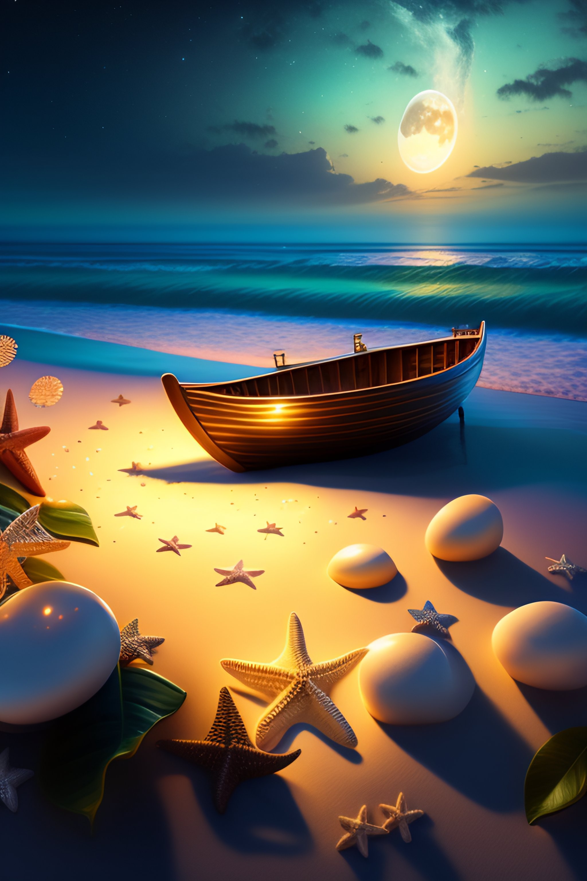 Lexica - Beautiful small wooden boats on the sand with wreath of white ...