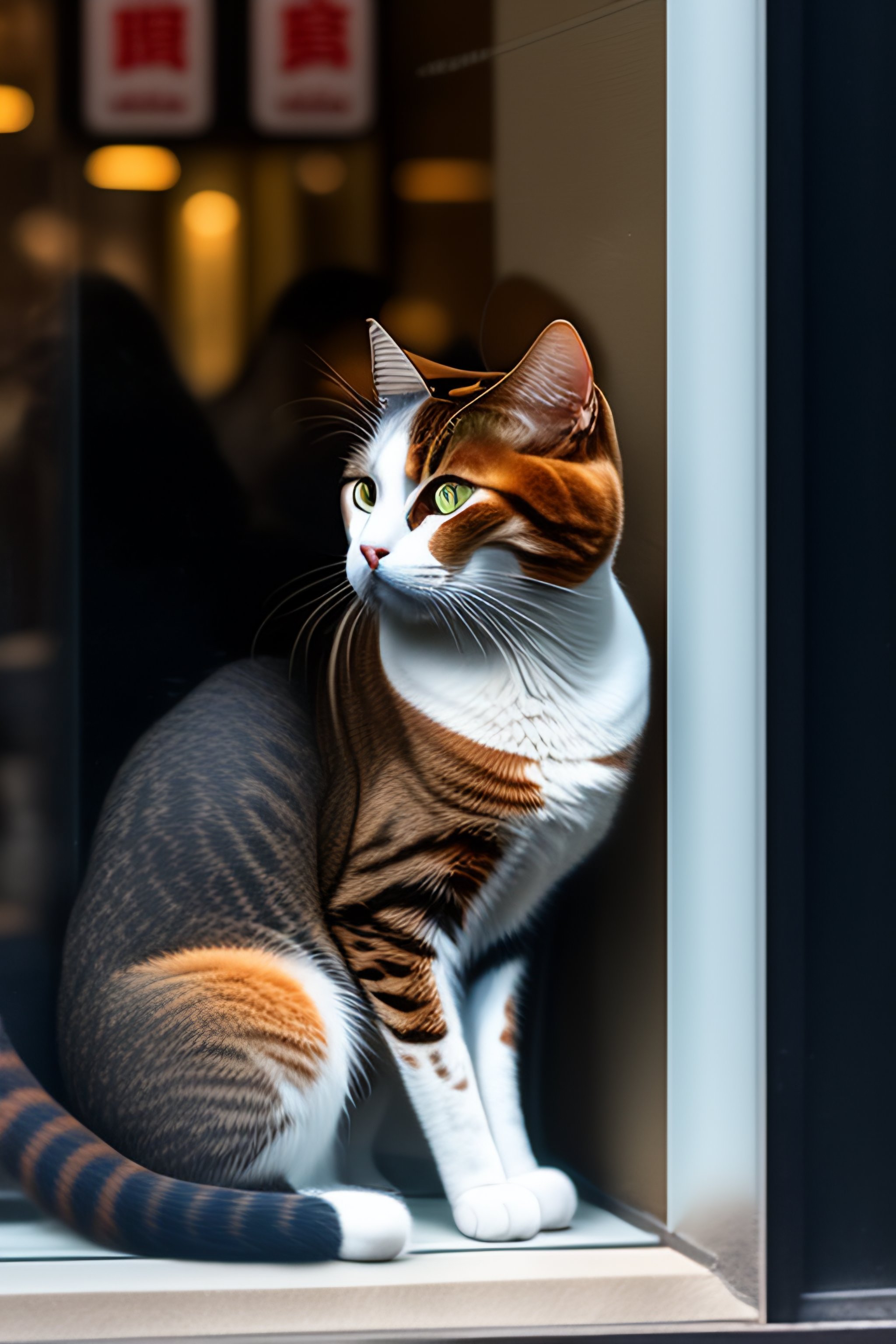 Lexica Meowing cat front of a shop window sit in tokyo.