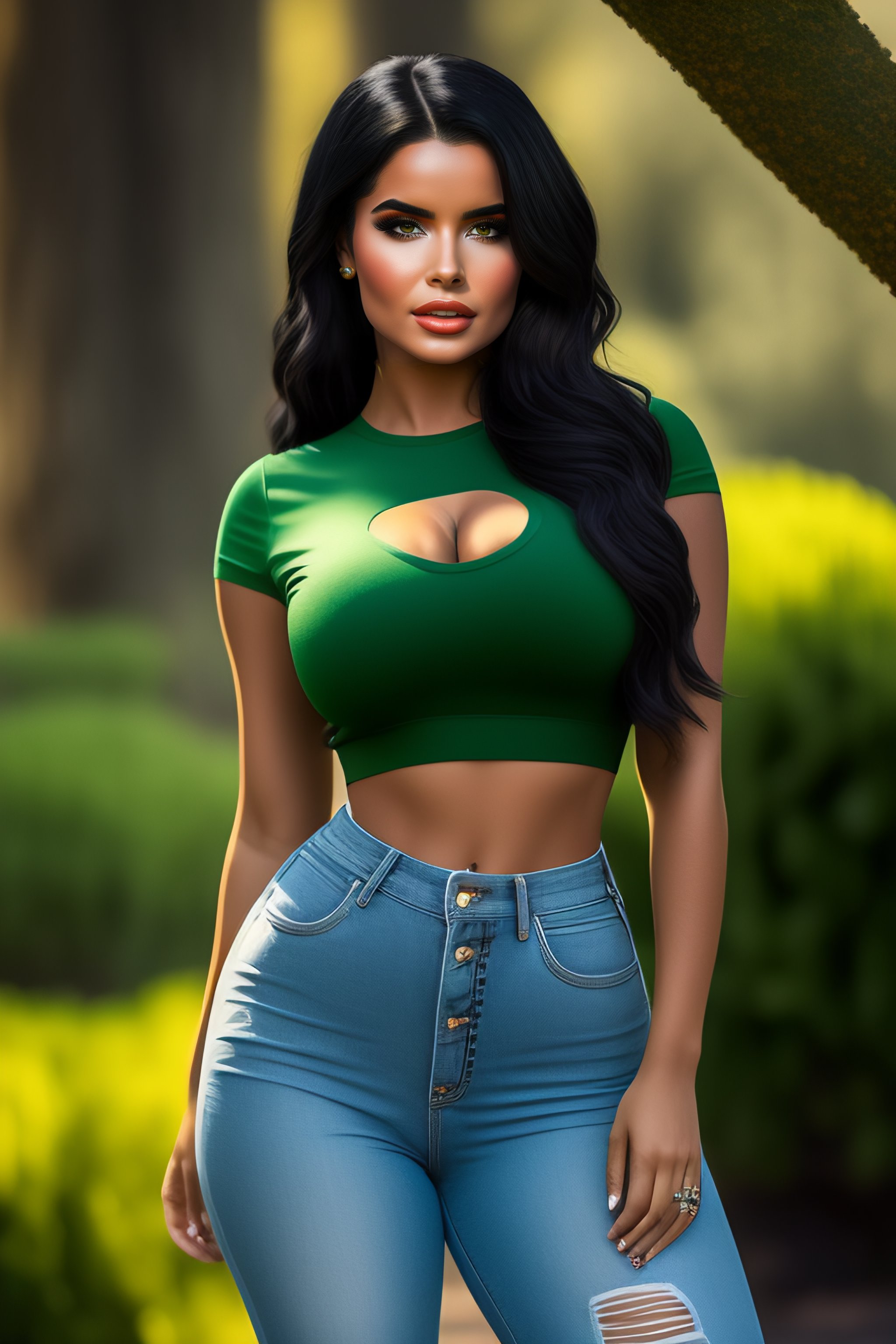 Lexica - Full body length studio photos of Demi Rose with black hair and  green eyes, wearing t-shirt and jeans, beautiful face, photorealistic, high