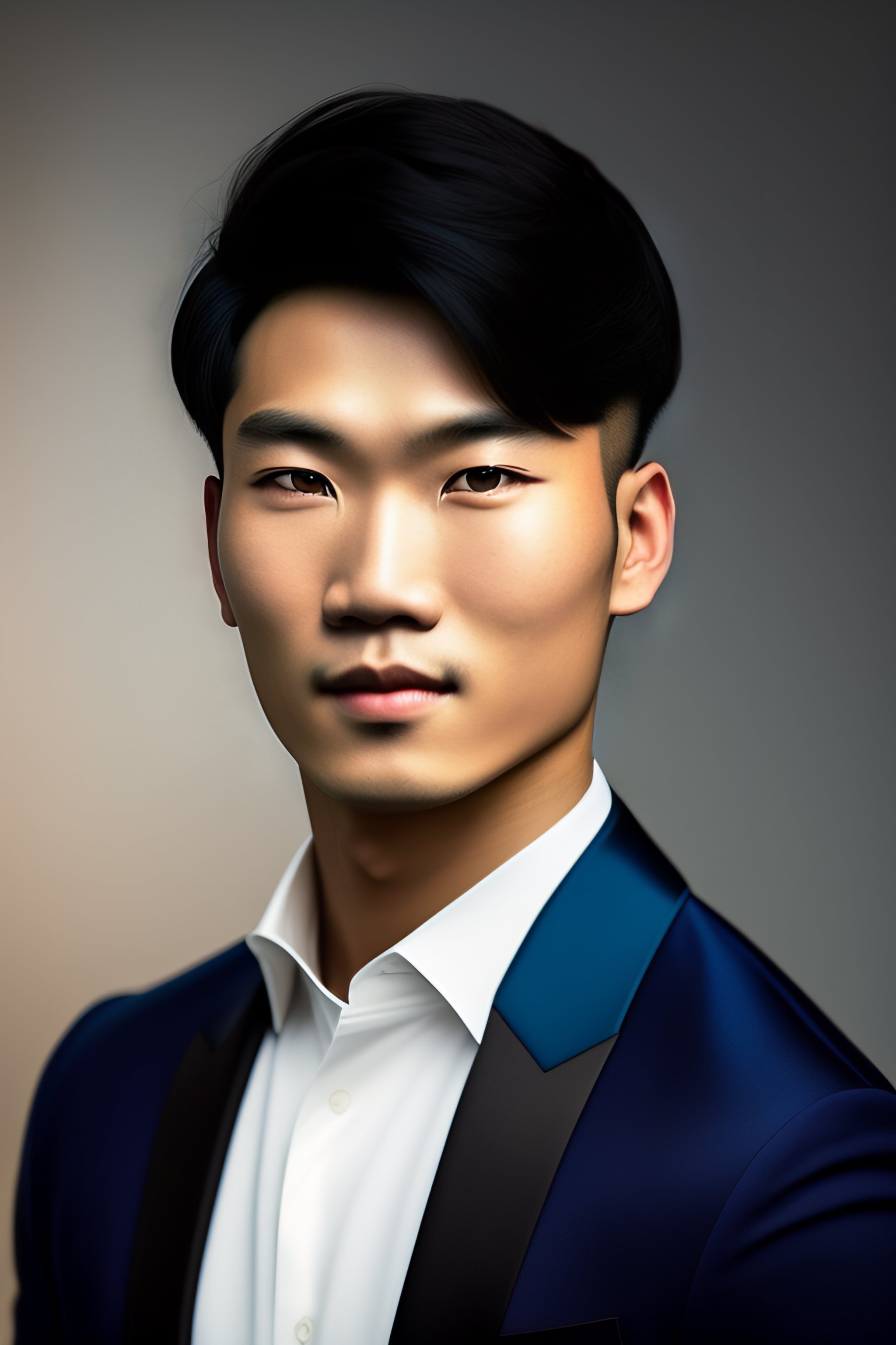 Portrait Of A Young Handsome Asian Man With Blue Eyes And Dark