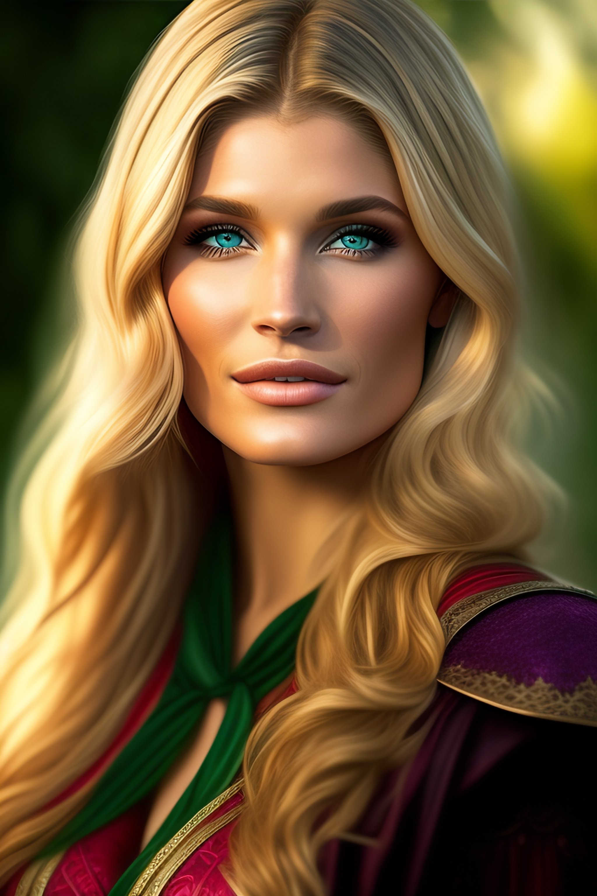 Lexica - High elf beautiful blonde female green eyes portrait looks like Gemma  Arterton