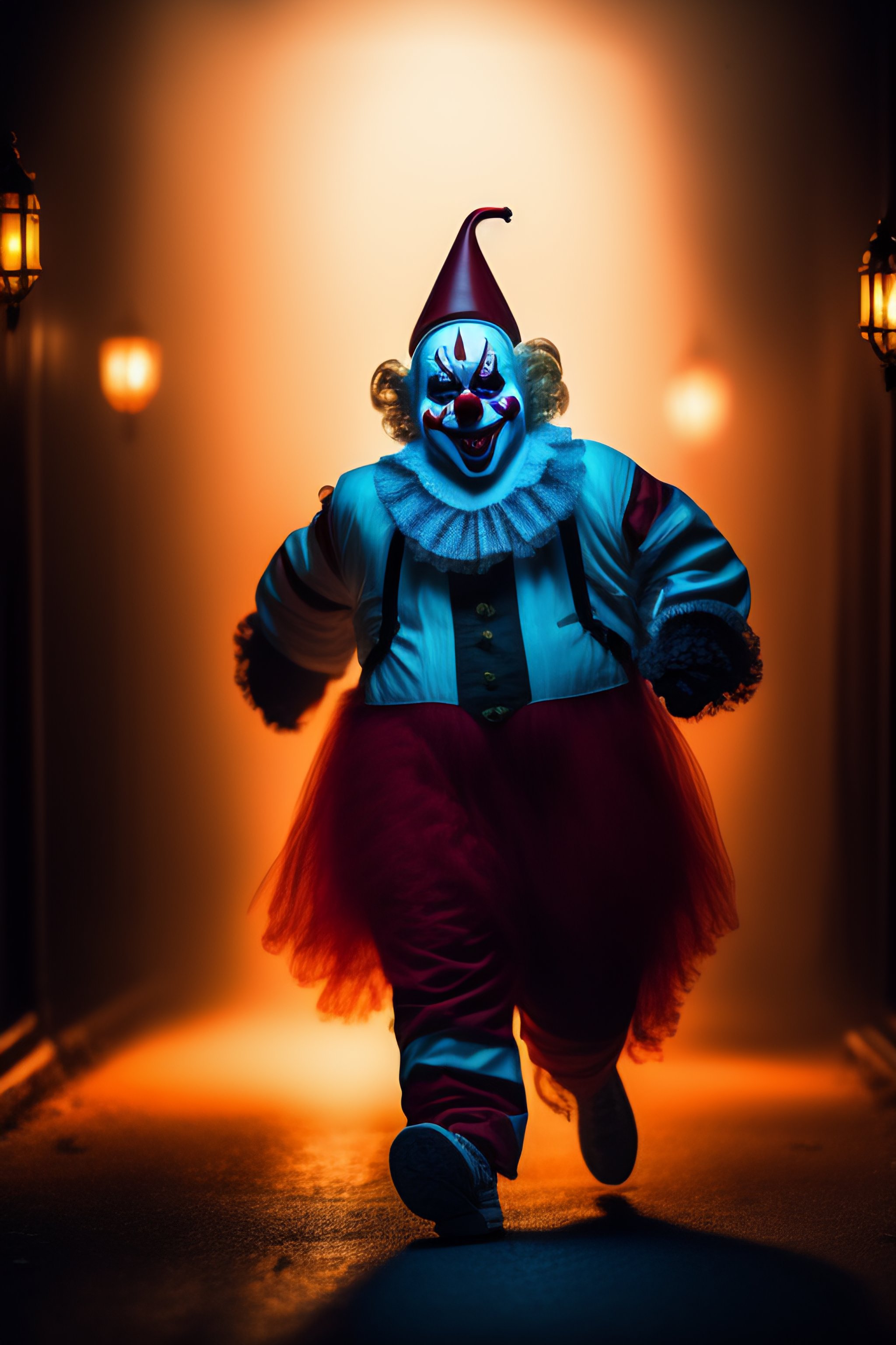 Lexica Scary horror clown in a haunted house chasing people, balloons