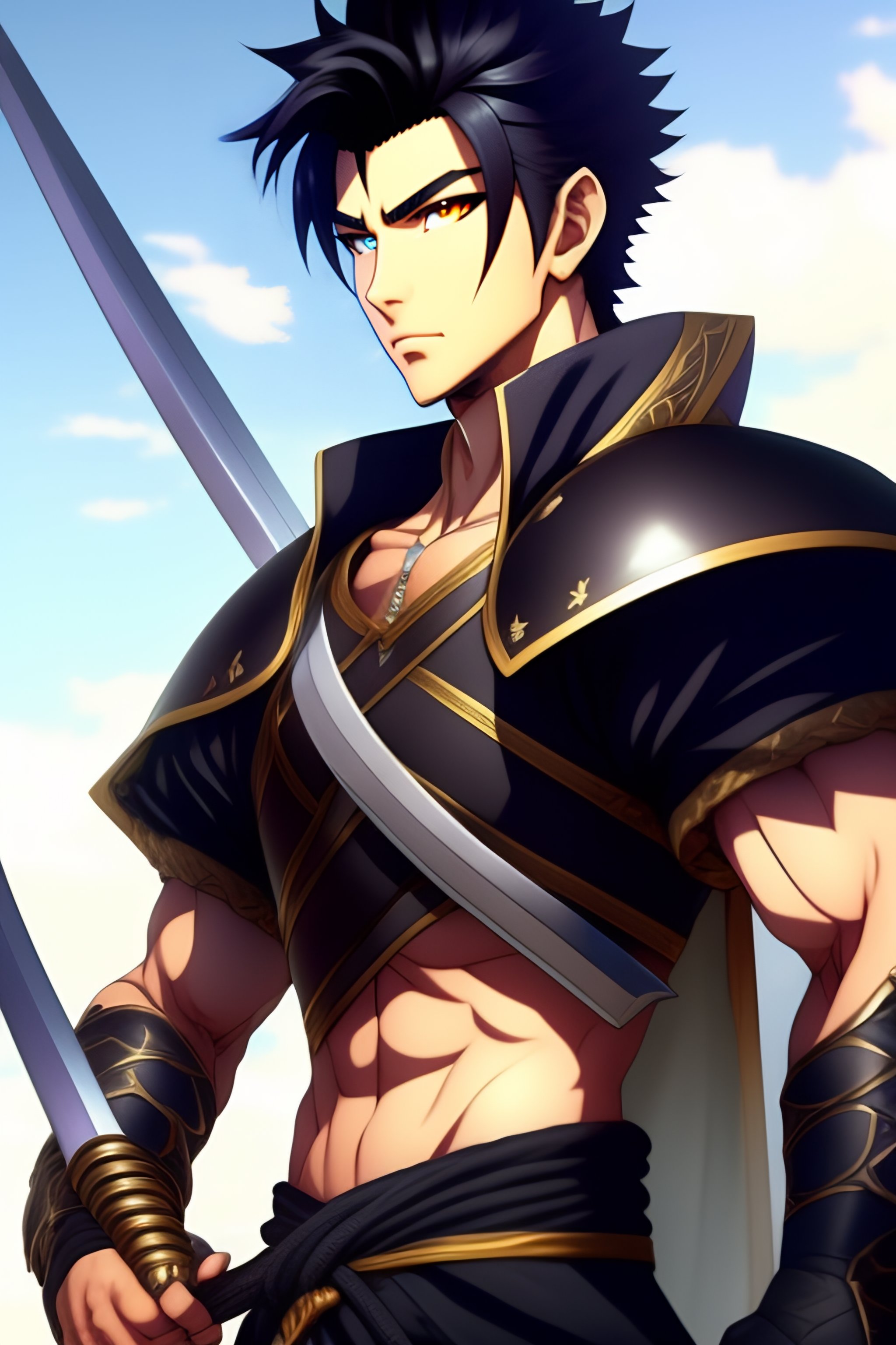 Lexica - Anime character who is a tall, muscular young man with short,  spiky black hair and dark eyes. He has a bold and confident demeanor, and  he i...