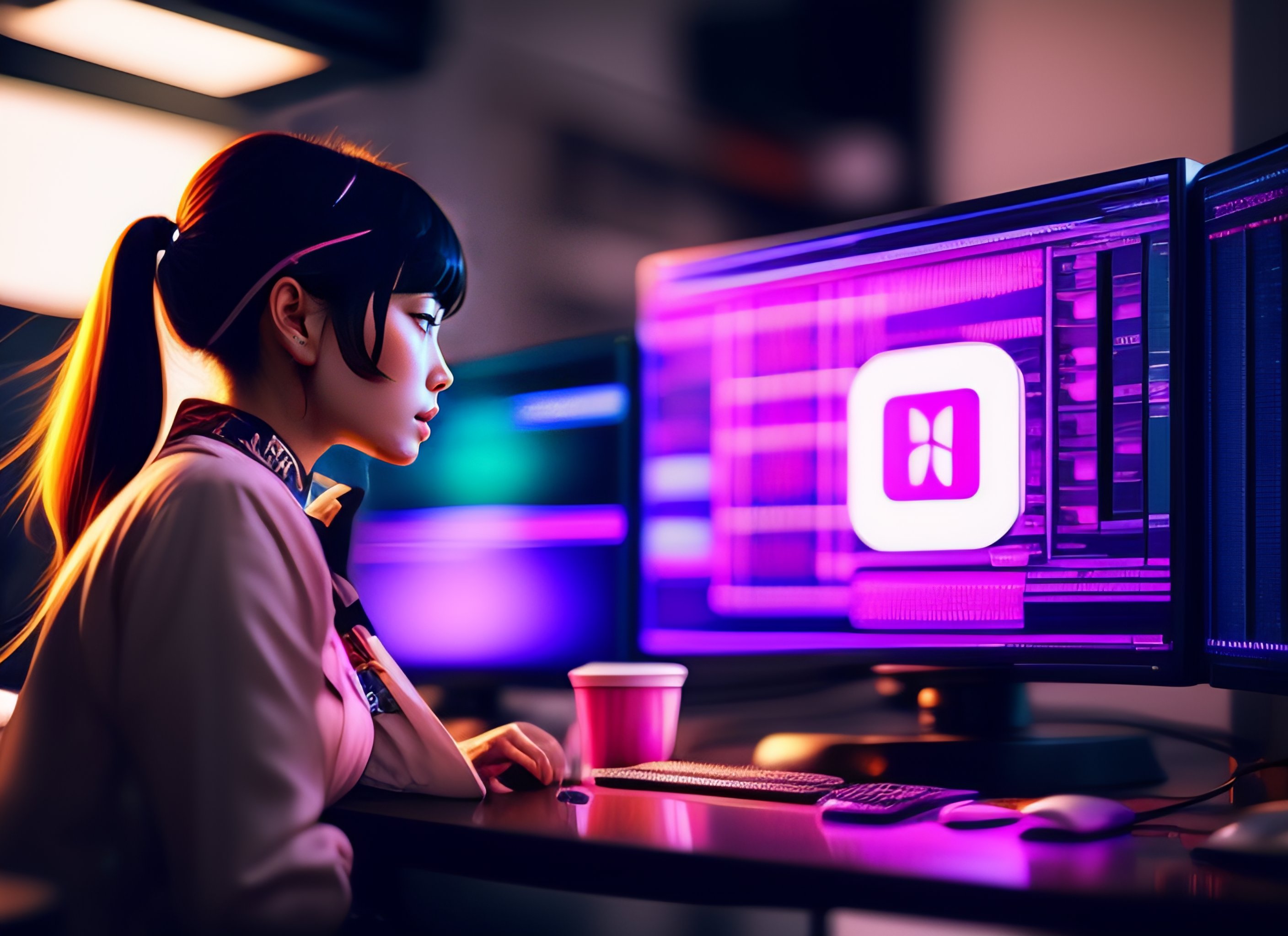 Lexica - Adult anime girl programming at a computer lofi
