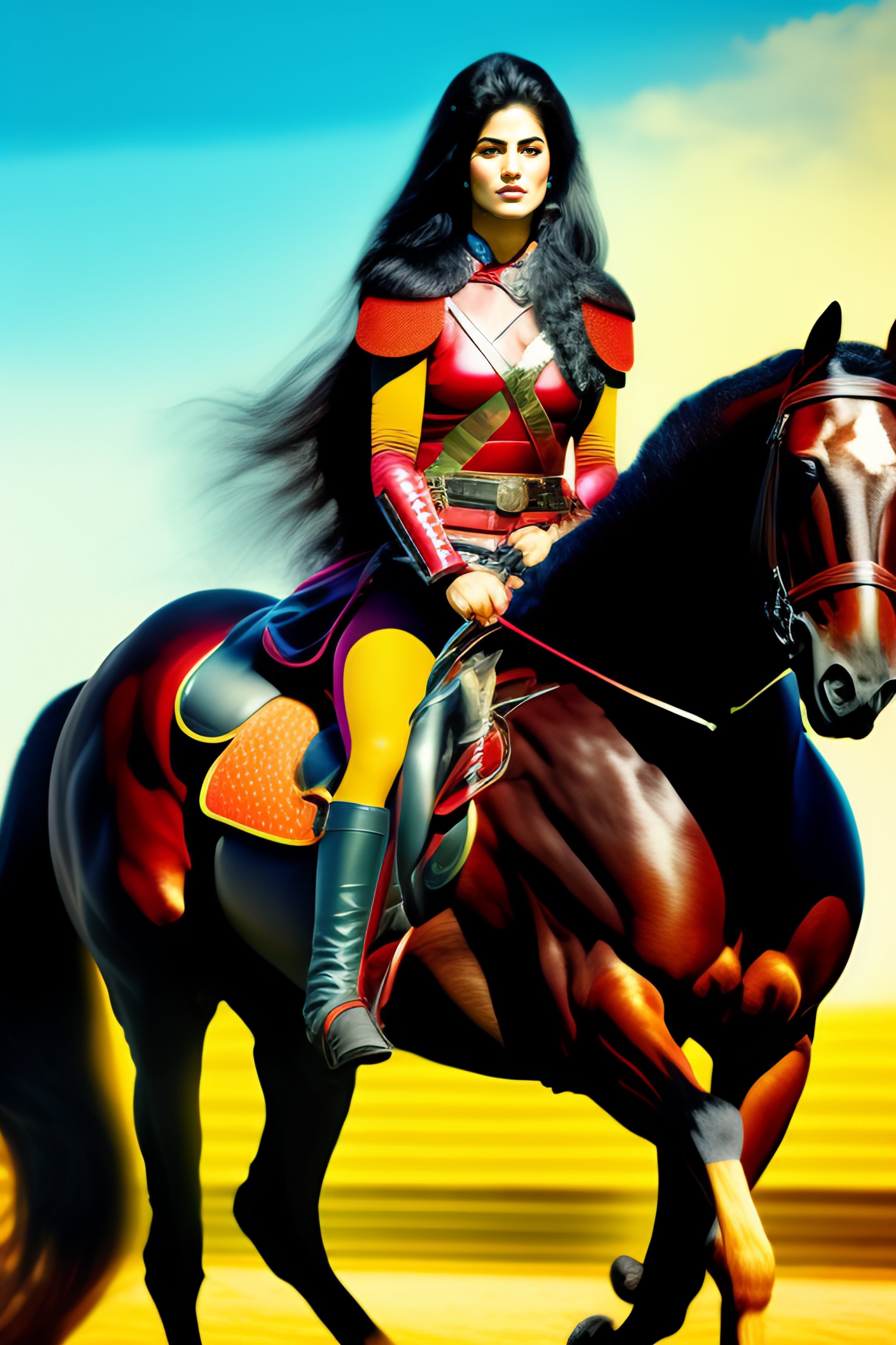 Lexica - Persian fighter woman, Persepolis , straight and long hair ,  riding a horse , Persian beautiful face , power, determination, leading  people..., image size:2048x3072
