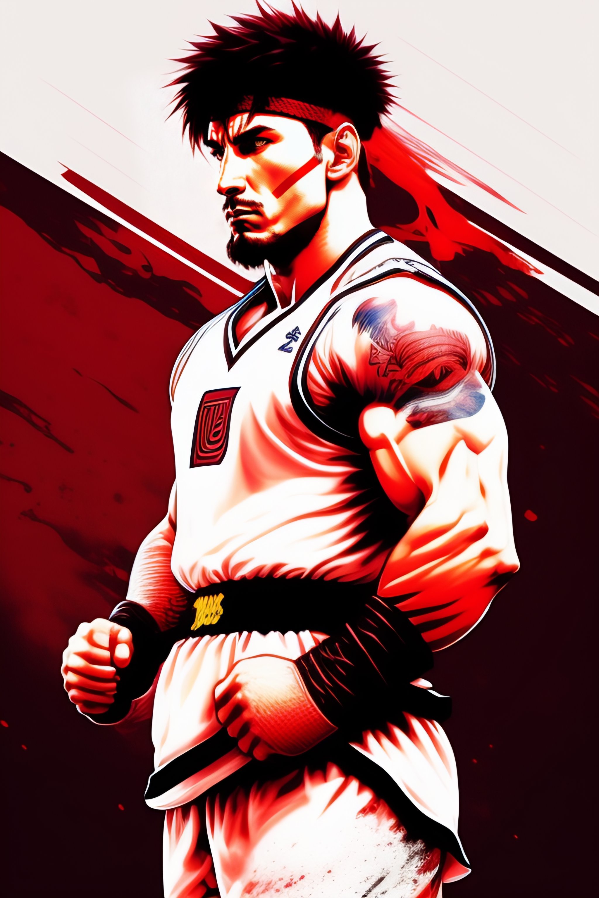 Lexica - Anime of Messi as Street Fighter Ryu holding hadouken