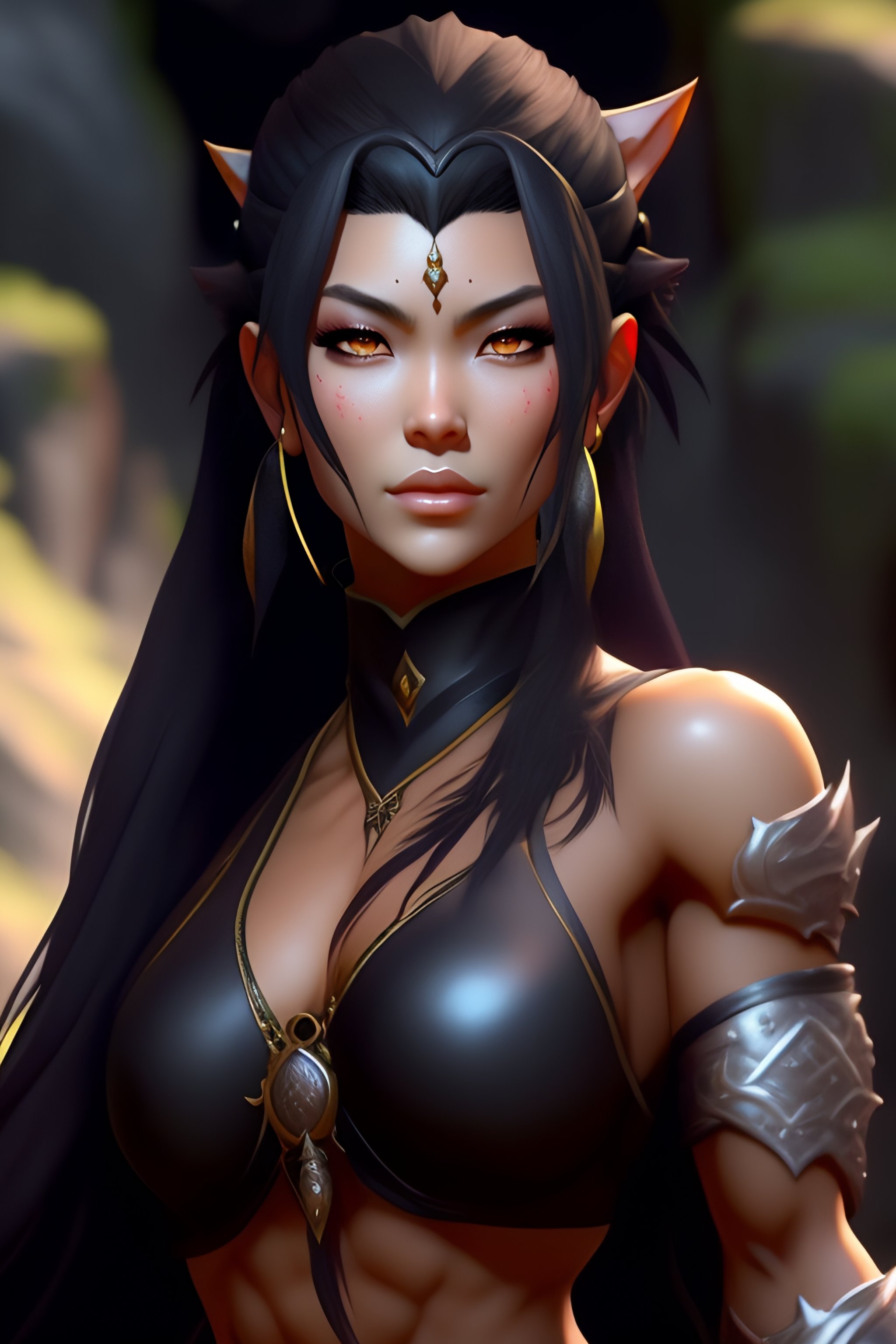 Lexica - Realistic anime female orc with charcoal hair by a cave, full body  pose, intricate detail, digital portrait by artgerm and makoto shinkai, h...