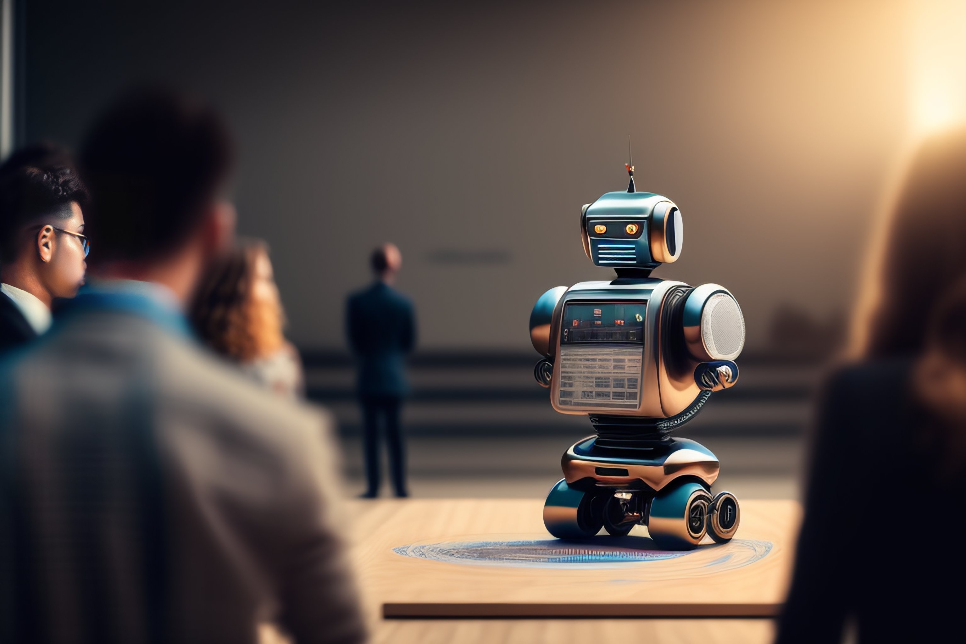 Lexica - Robot sketching a person on a board with large audience