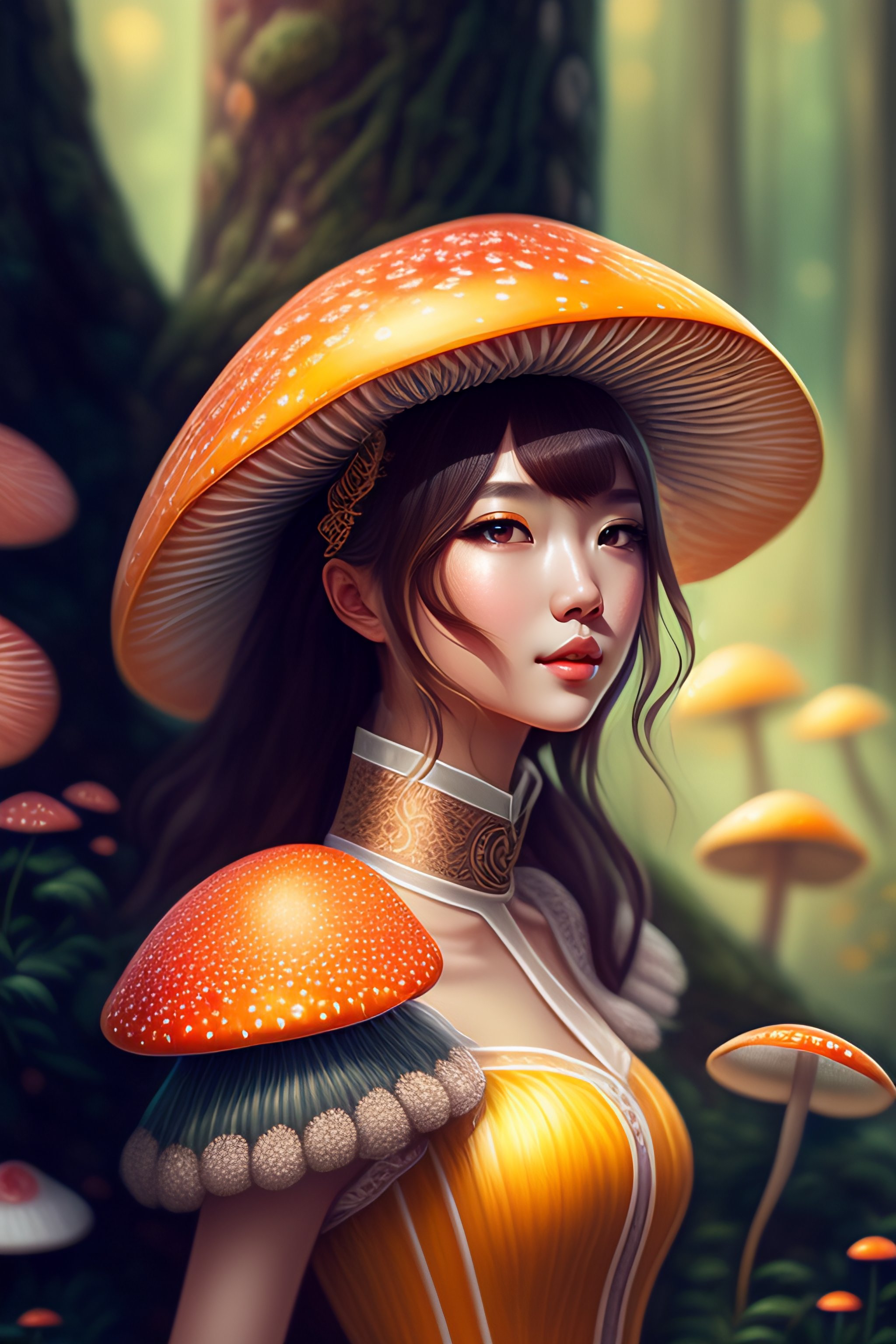 Lexica Detailed portrait of cute mushroom, mushroom dress, unique