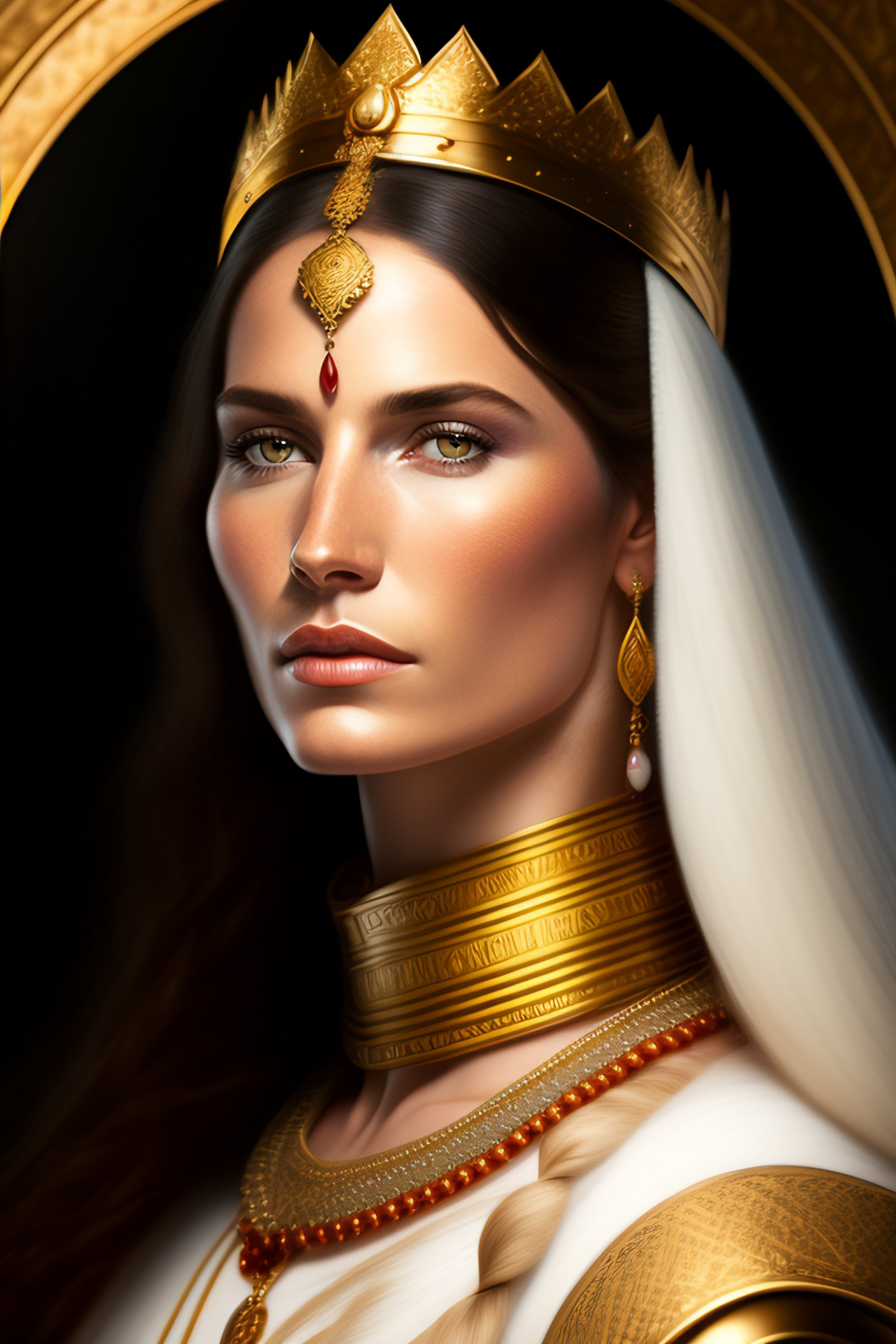 Lexica - Portrait of a white warrior queen with a long curved brown ...