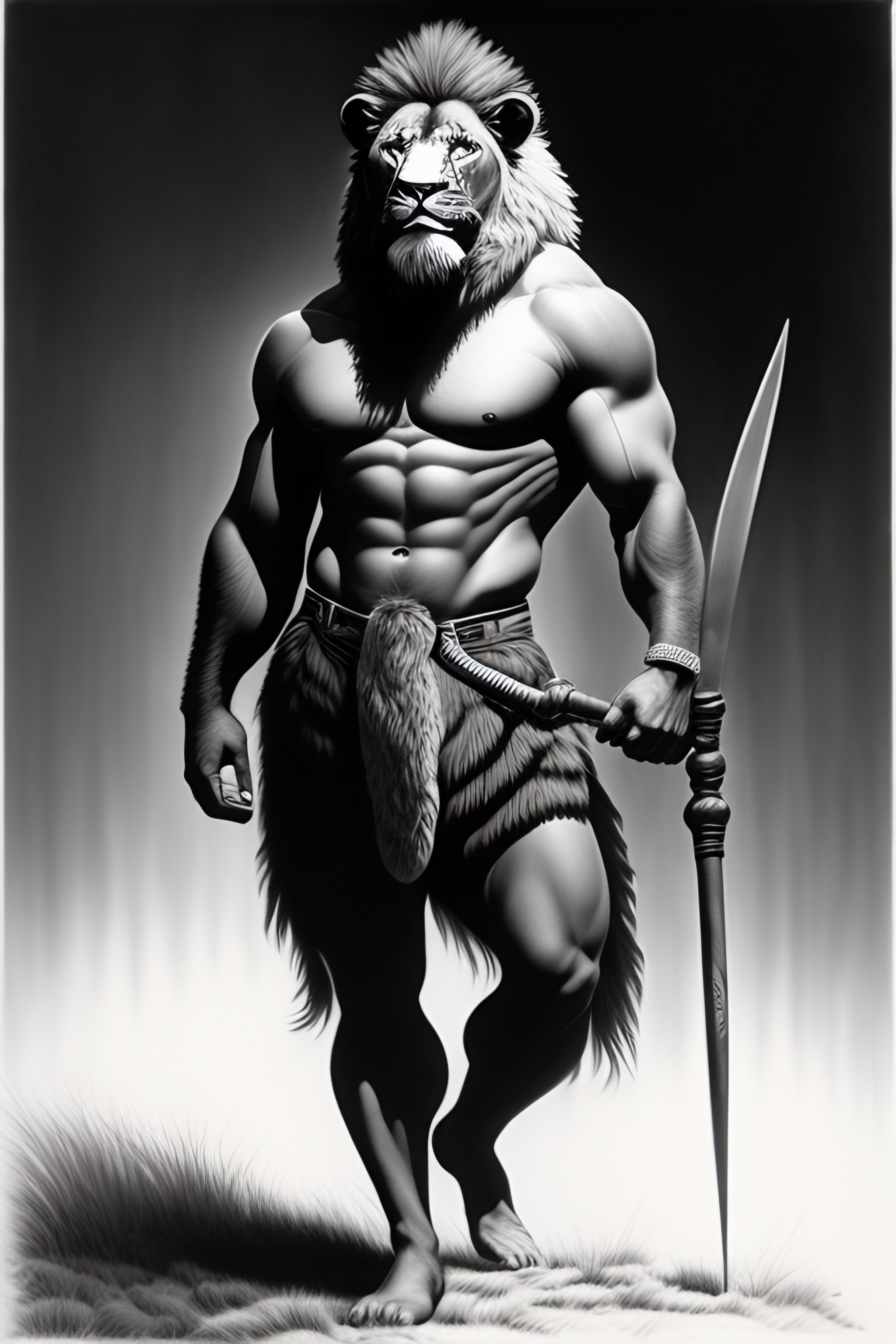 Lexica - A ink drawing full body of an anthromorphic lionman. holding a ...