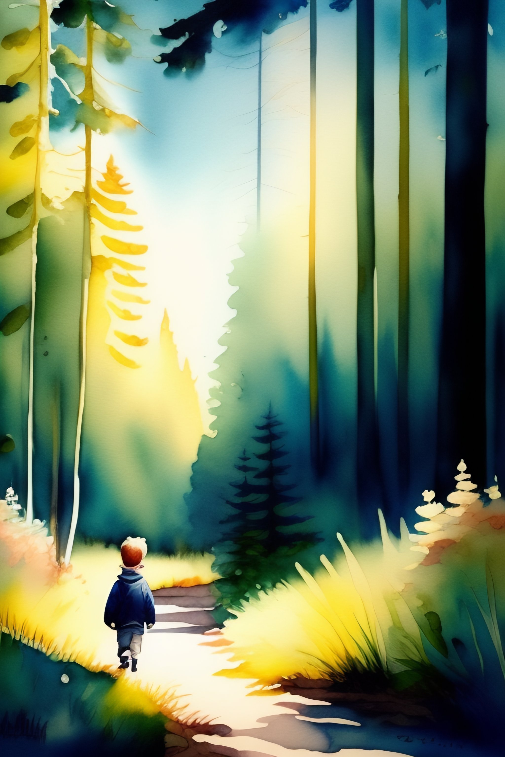 Lexica - Boy walking alone in th forest, illustration, watercolor, the ...