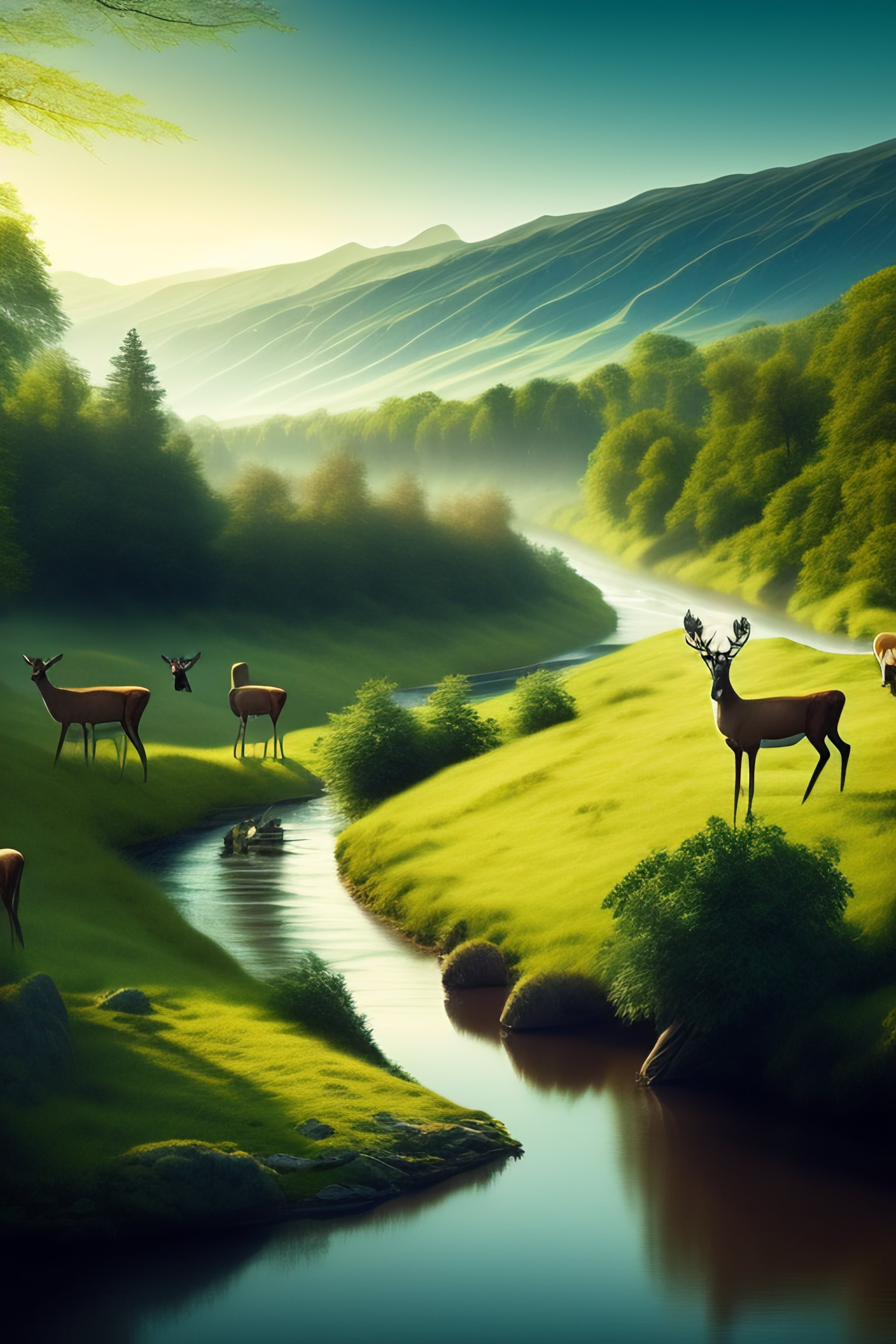 Lexica - A valley with a river flowing through it with green grass and ...