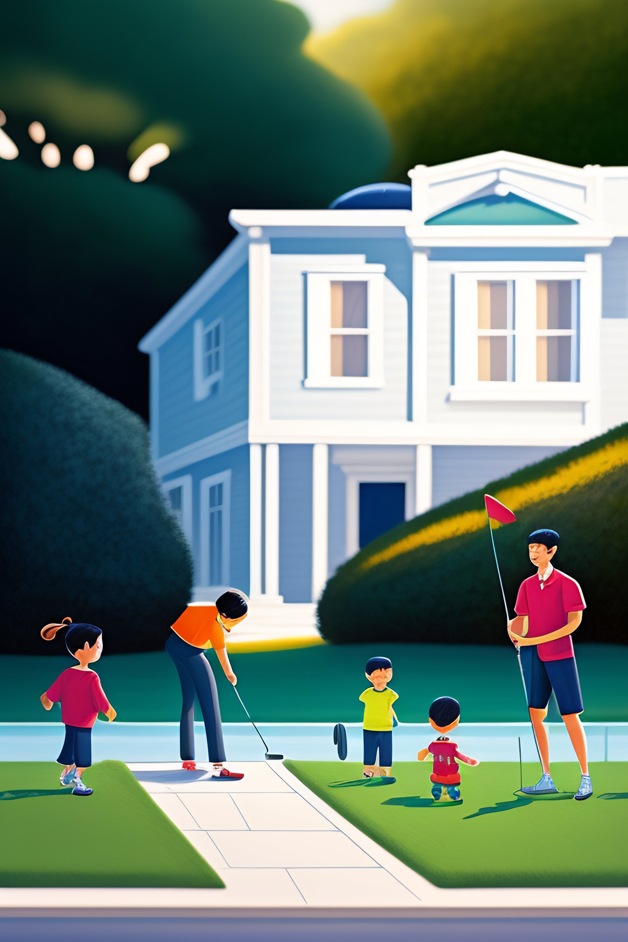 Lexica - A children book illustration about a half white, half asian boy  named Hugo playing golf with his mom and dad next to a small White House  wit...