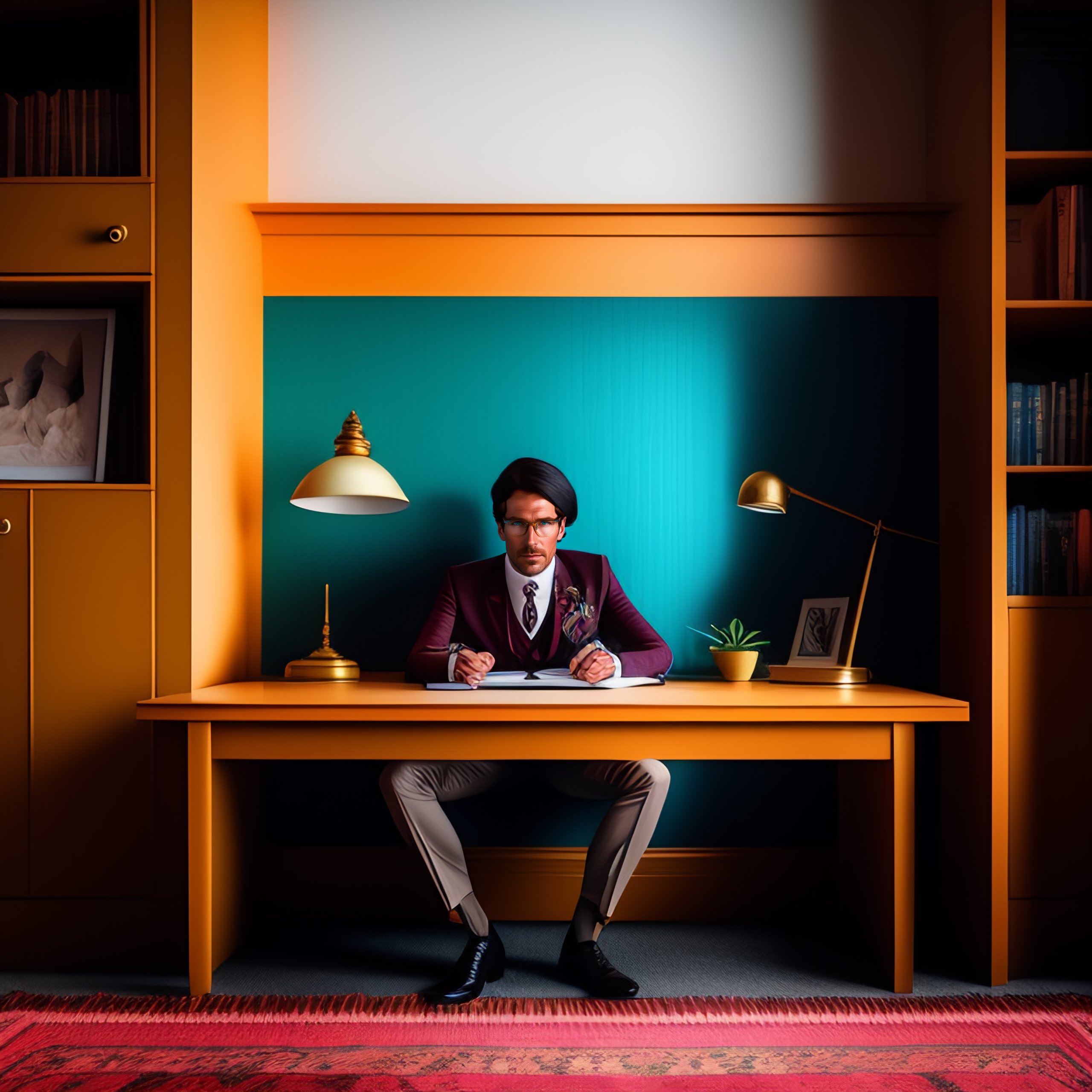 Lexica - Photography of a man sitting on his desk, wes Anderson style