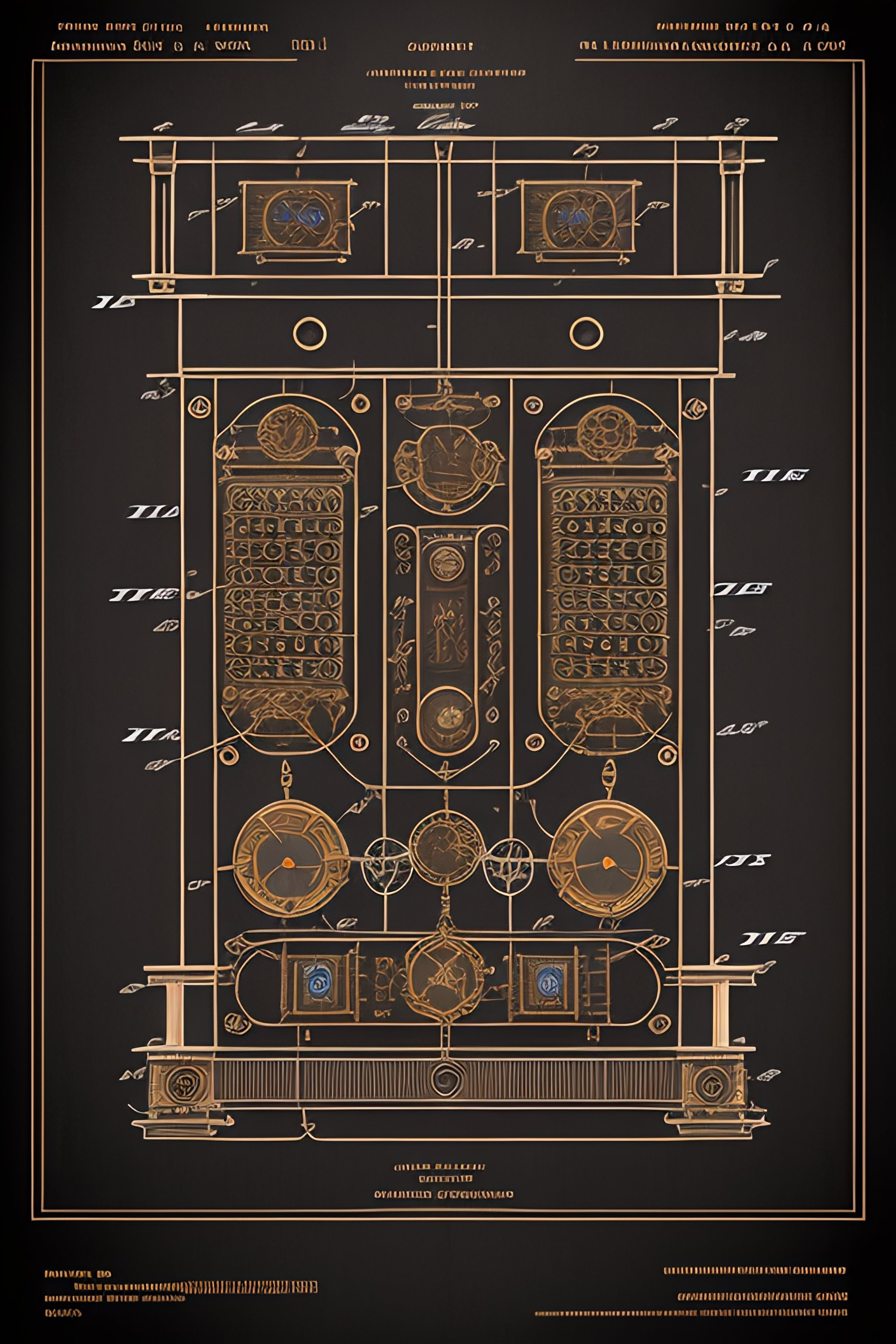 Lexica - Steampunk patent drawing front view of a control panel with ...