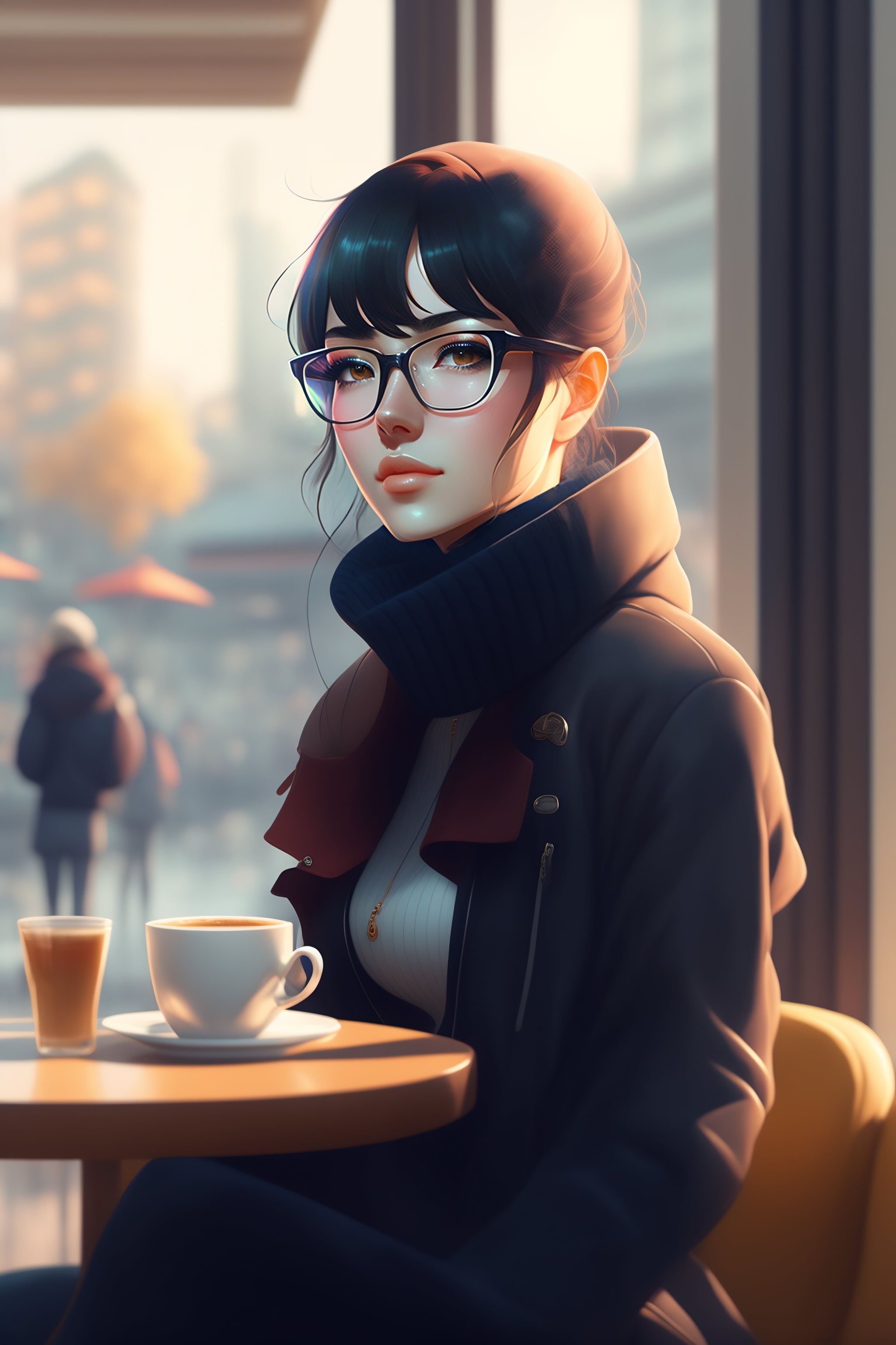 Lexica Cute Girl In Sweater Black Hair Black Wayfarer Glasses Sitting Inside Cafe Drinking